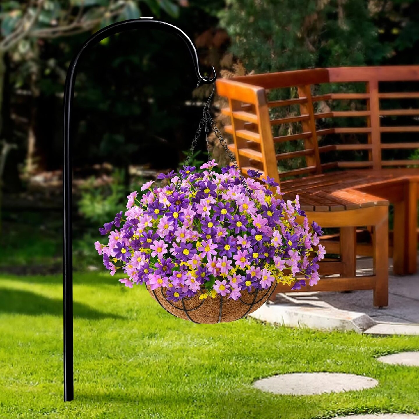Purple Artificial Hanging Daisy Flowers in Coconut Basket