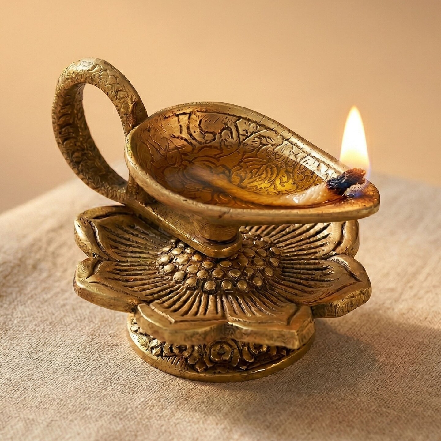 Brass Finish Lotus Diya - Lightweight Aluminum Oil Lamp for Home