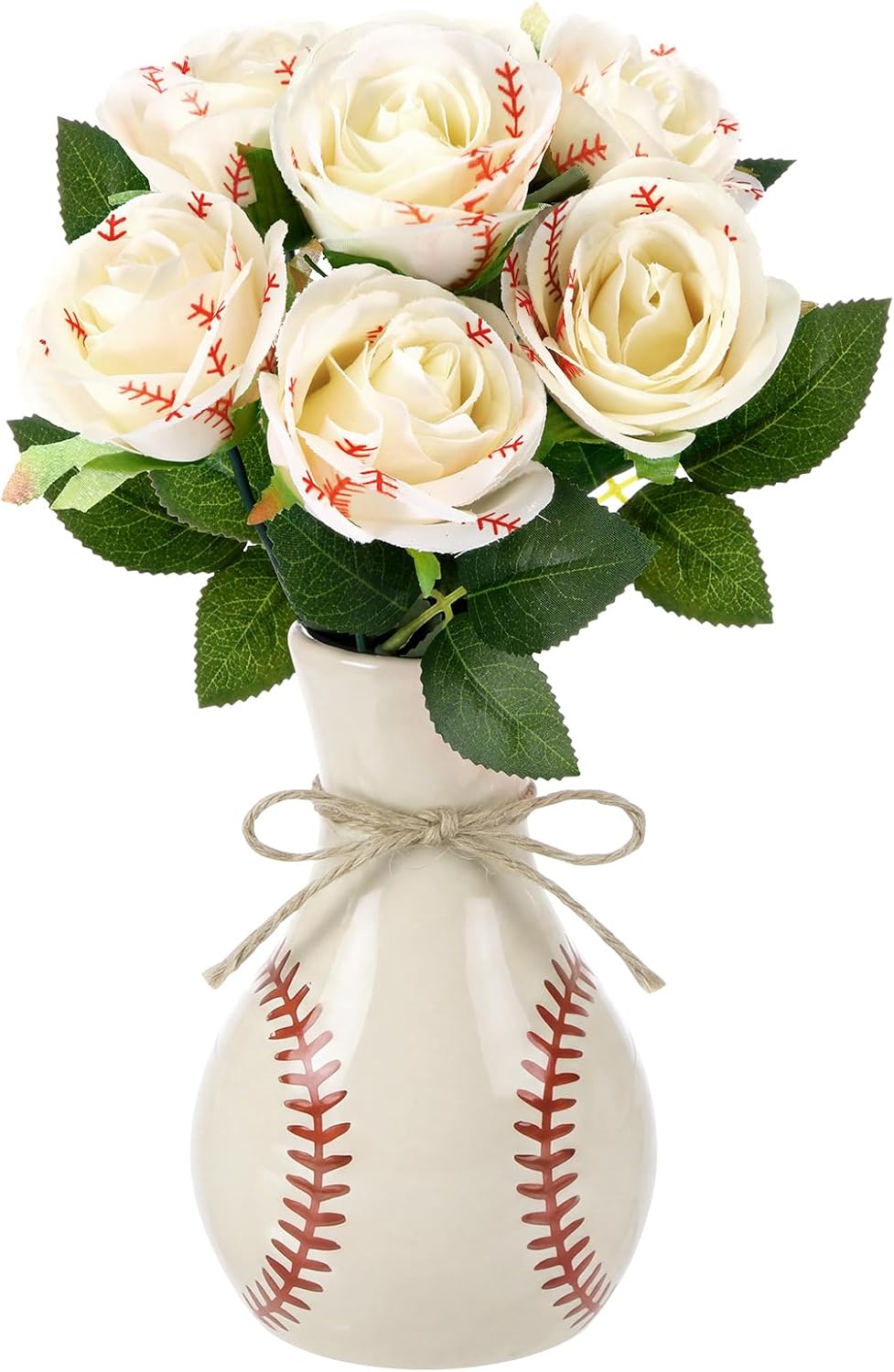 6PCS Baseball Rose Artificial Flowers with Leaves, White Silk Faux Roses 15.7" Sports Theme Flower Bouquet for Wedding, Party, Graduation & Table Centerpieces