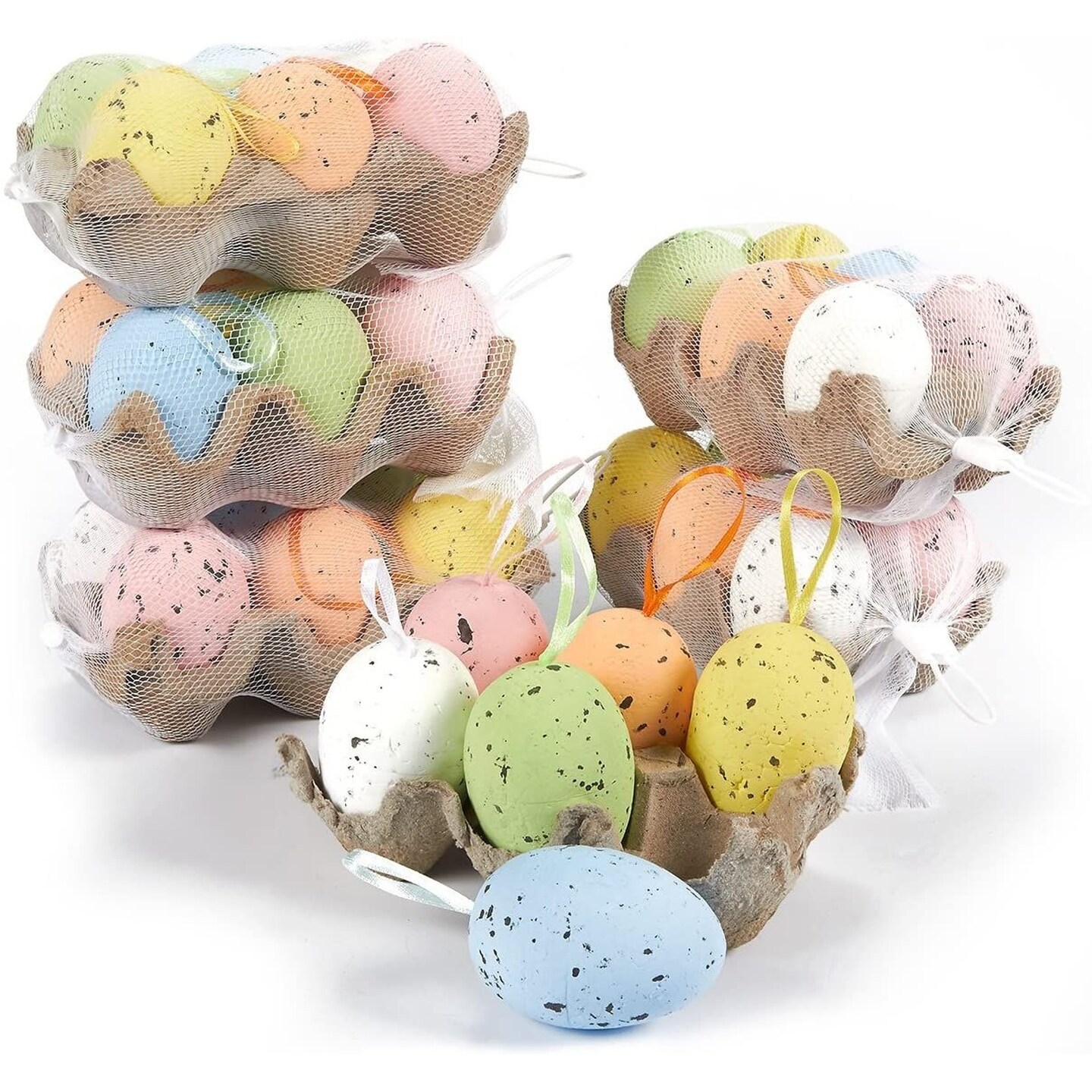 Juvale Plastic Easter Egg Ornaments - Hanging Metallic Gold Decor - Realistic Speckled Plastic Eggs - Versatile Spring Tree & Kitchen Decor - 36-Pack, Pastel Blue/Pink/Yellow/Orange/Green/White
