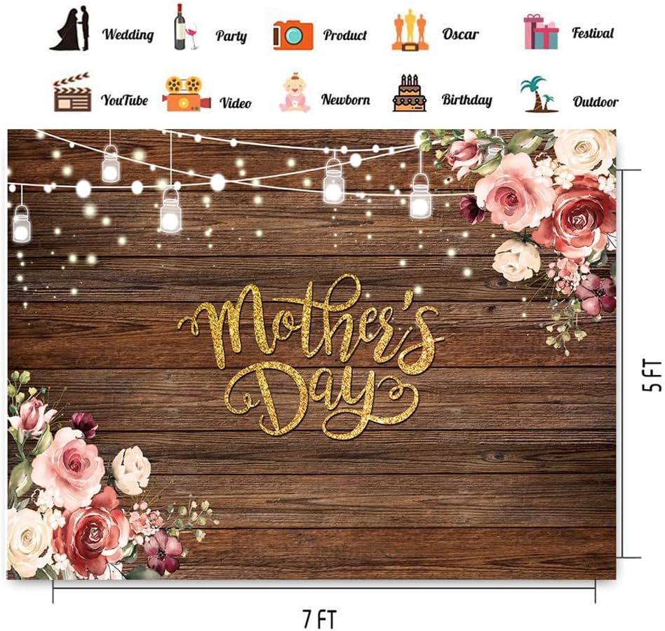 7x5ft Happy Mother’s Day Backdrop – Rustic Wood & Floral Wall Banner, Mother’s Day Decoration