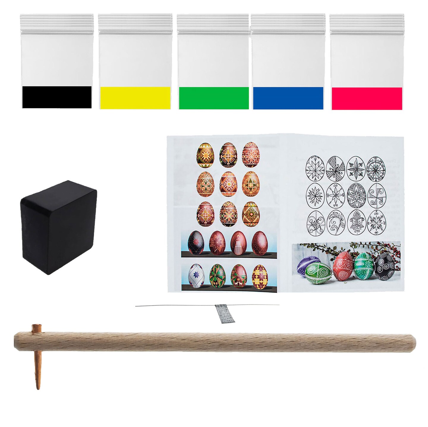 0.5 mm Heavy Brass Tip Brass Kistka, Bees wax, 5 Dyes, Instructions Ukrainian Easter Egg Decorating Kit