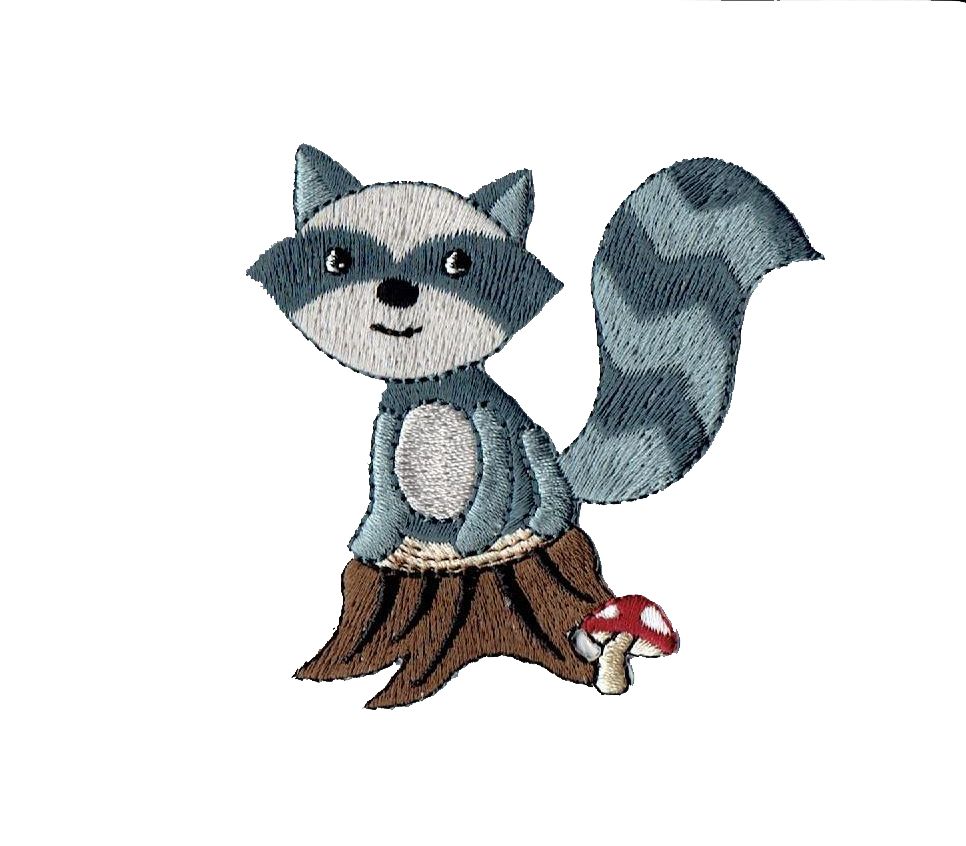 Raccoon on Tree Stump, Woodland Animals, Embroidered, Iron on Patch
