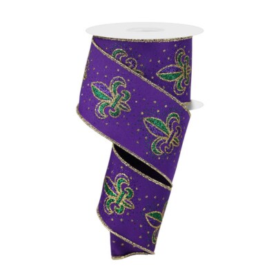 2.5&#x22; x 10yd Fleur de Lis Mardi Gras Wired Ribbon - Purple, Green, and Gold Glitter Ribbon for Festive Decorations-RGE170123