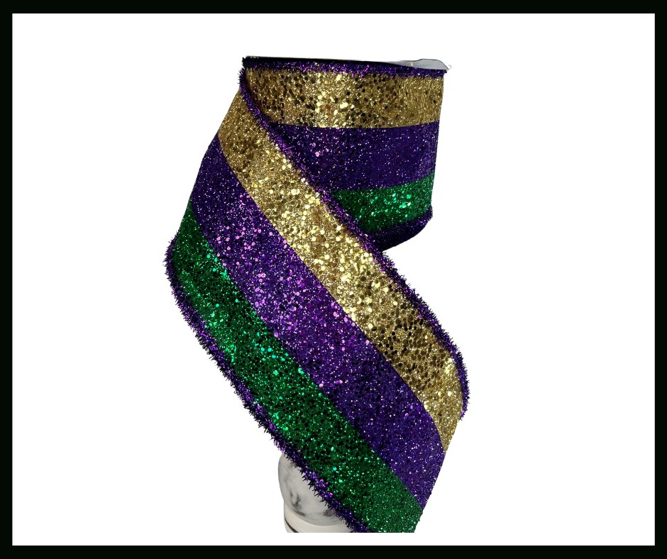 4&#x22;x10yd Mardi Gras 3-In-1 Large Glitter Tinsel Wired Ribbon &#x2013; Purple, Green, Gold | RG8986AP