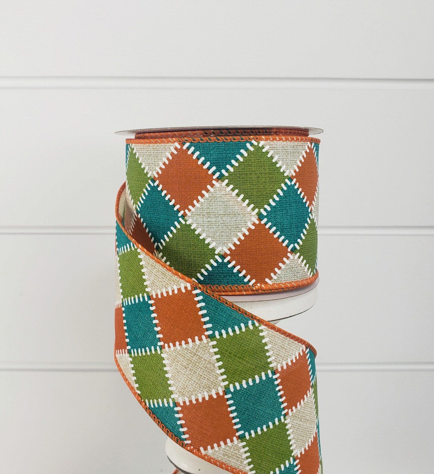 2.5&#x22;x10YD Fall Stitch Check Wired Ribbon - Teal/Moss/Orange/Natural - Rustic Charm for Autumn Crafts and Decor-(61101-40-33)