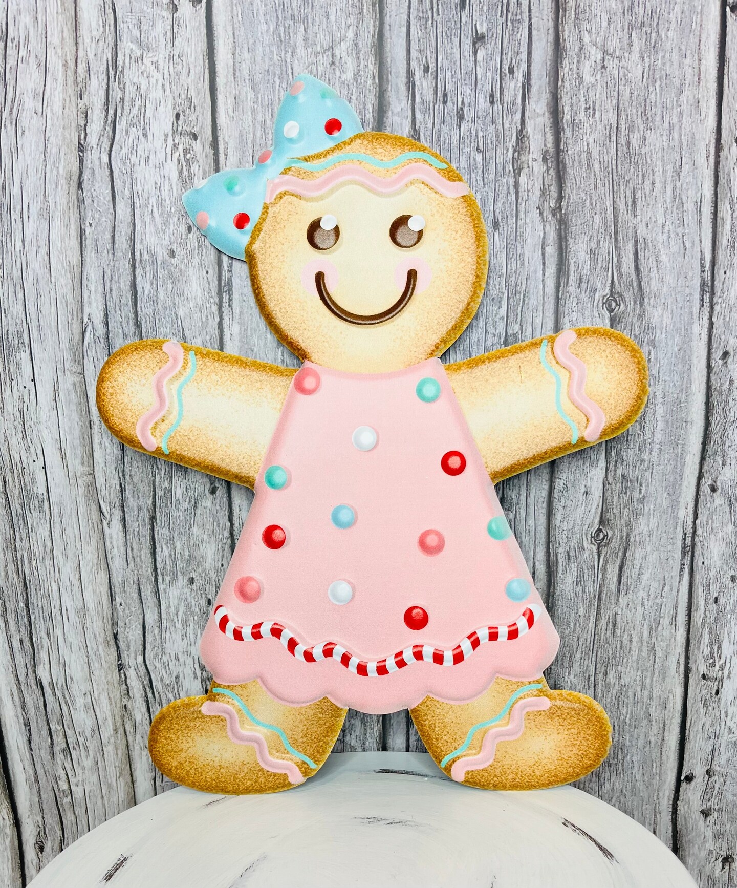 13&#x22; Embossed Metal Christmas Sign - Delightful Gingerbread Girl in Pink, Brown, Mint, Red &#x26; White-MD0742