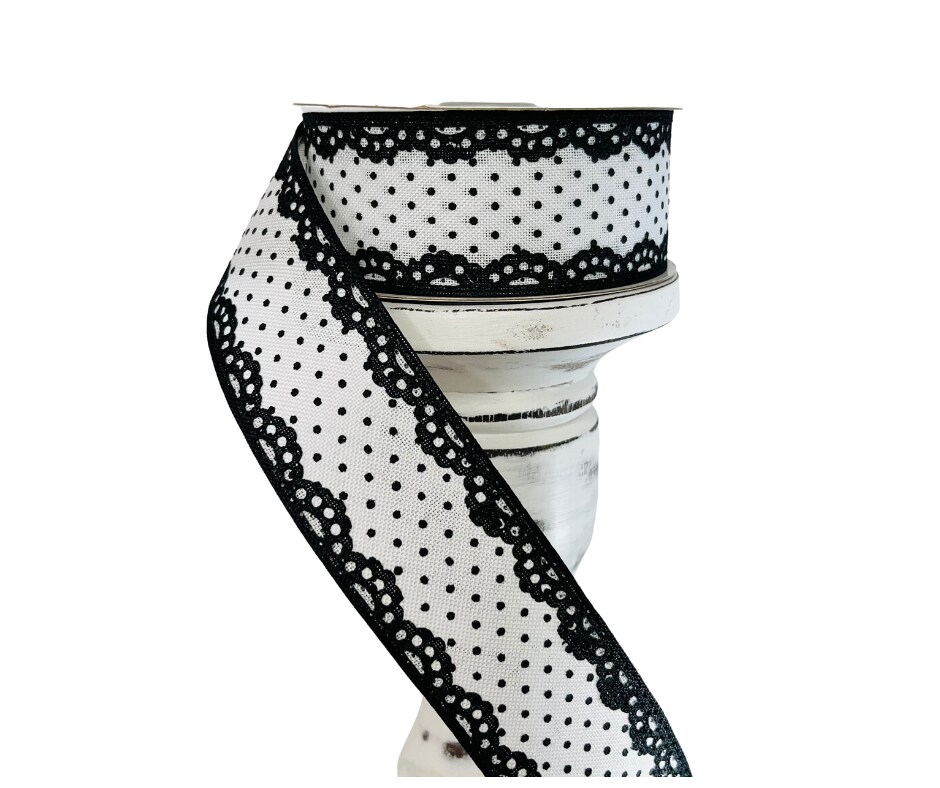 1.5&#x22;x10YD Black/White Raised Swiss Dot Lace Wired Ribbon - Elegant Texture for Timeless Crafts and Decor-RG08817L6