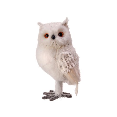 11&#x22; Foam Faux Fur Feather Snow Owl - Silver &#x26; White Winter Decor - Serene Elegance for Seasonal Displays and Holiday Tabletops