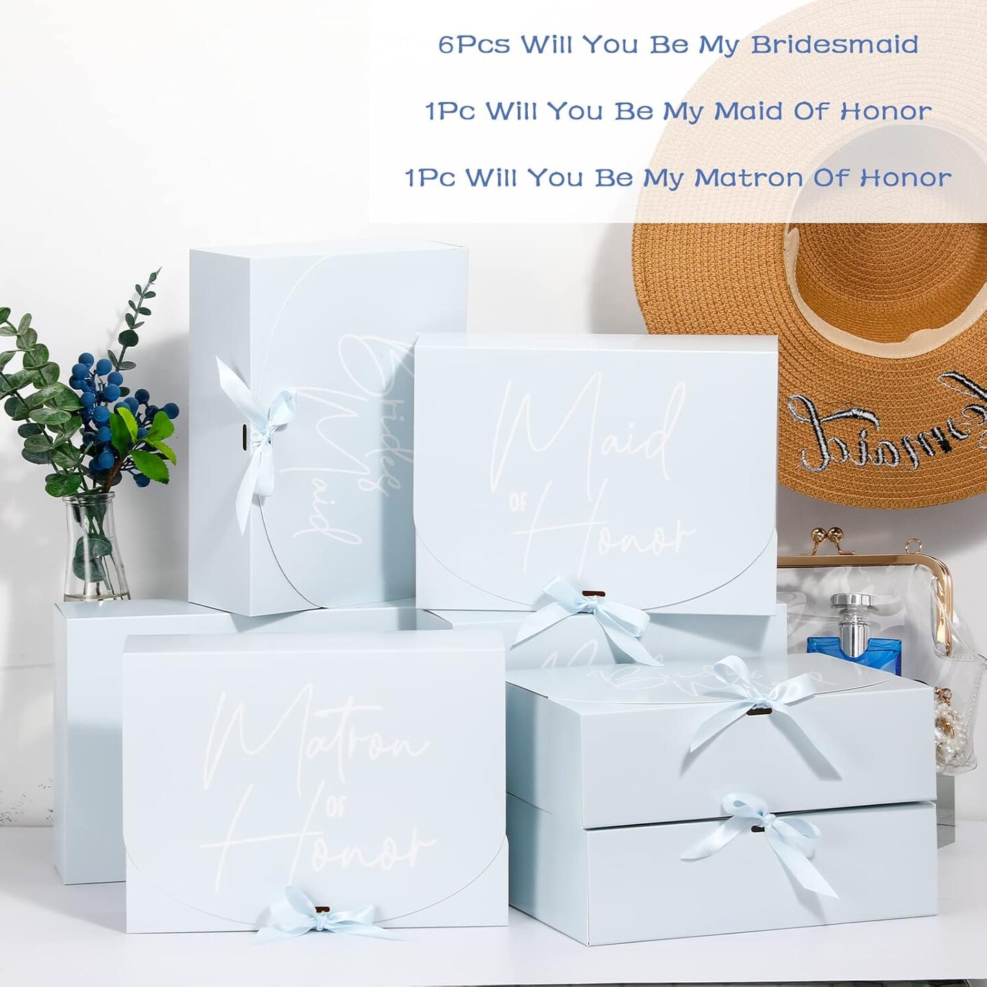 8 Pack Bridesmaid Proposal Gifts Boxes Set, Will You Be My Maid/Matron of Honor Box with Ribbon for Wedding Bridal Party Supplies(Blue Series Style)
