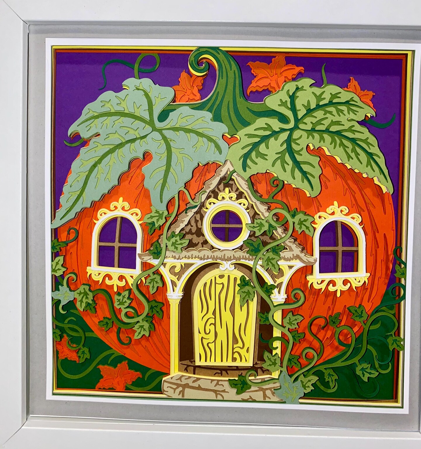 Handmade Halloween Pumpkin Fantasy House Shadowbox Art- 8x8 Frame
