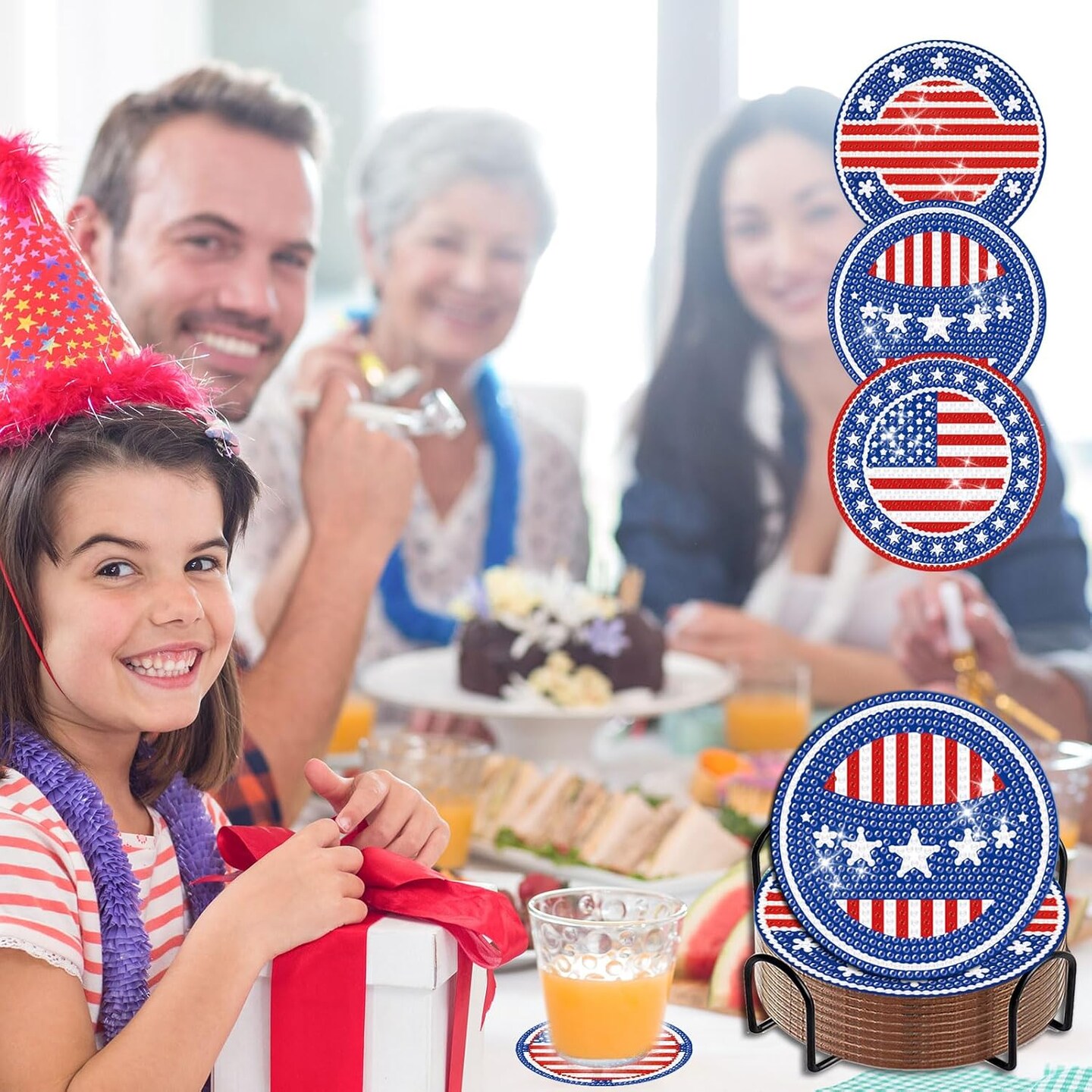 8 Pcs Patriotic Diamond Coasters with Holder DIY 4th of July Diamond Art Coasters