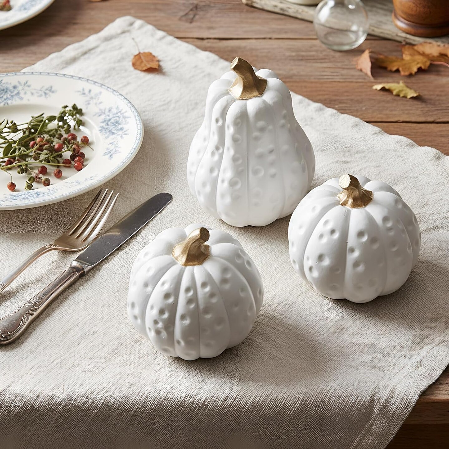 3 Pcs White and Gold Resin Pumpkin Decor, Elegant Artificial Fall