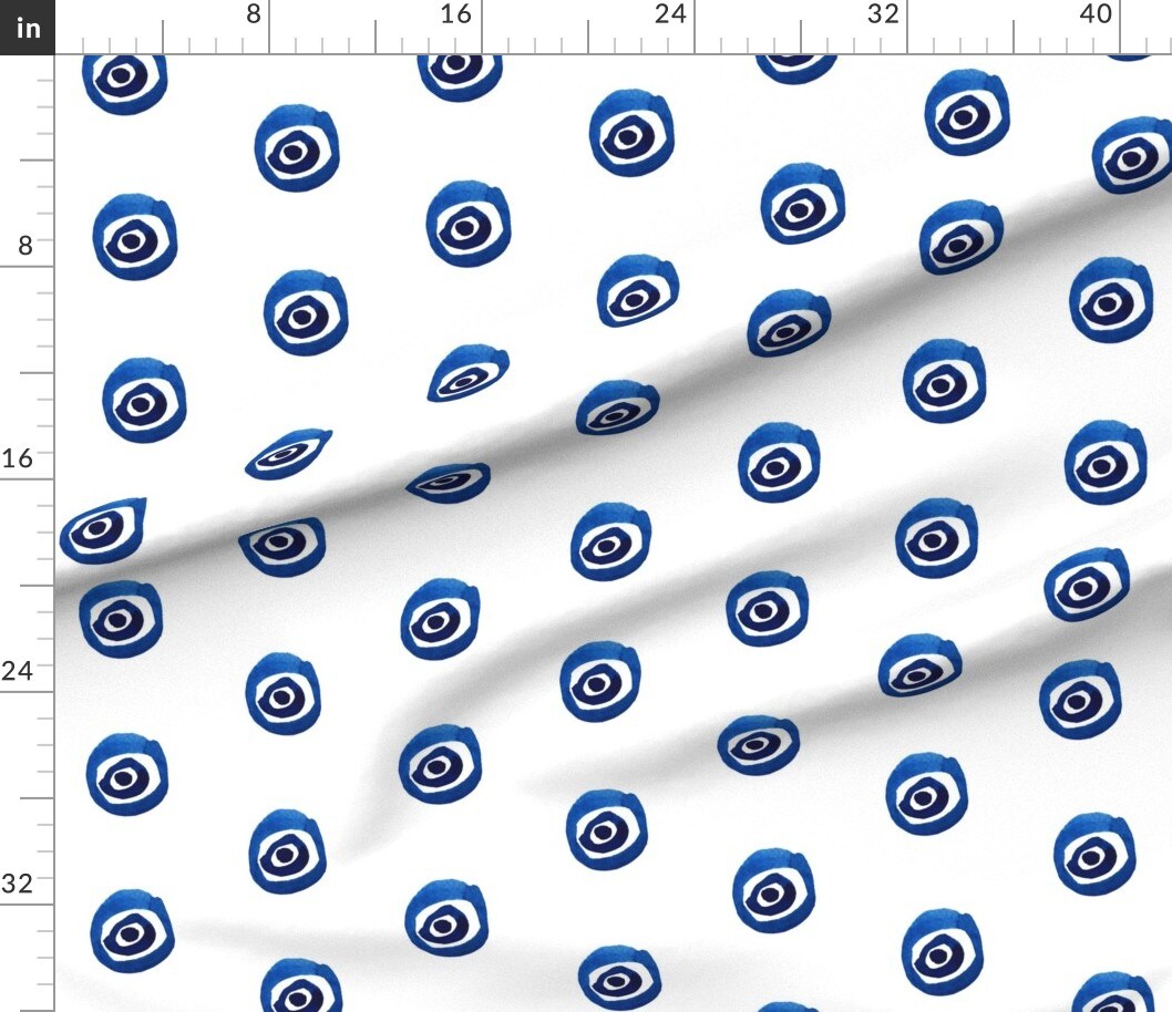 Evil Eye Luck Watercolor Turkey Greek White Blue Mod Circle Custom Printed Fabric by Spoonflower Various Fabrics by the Yard or Fat Quarter