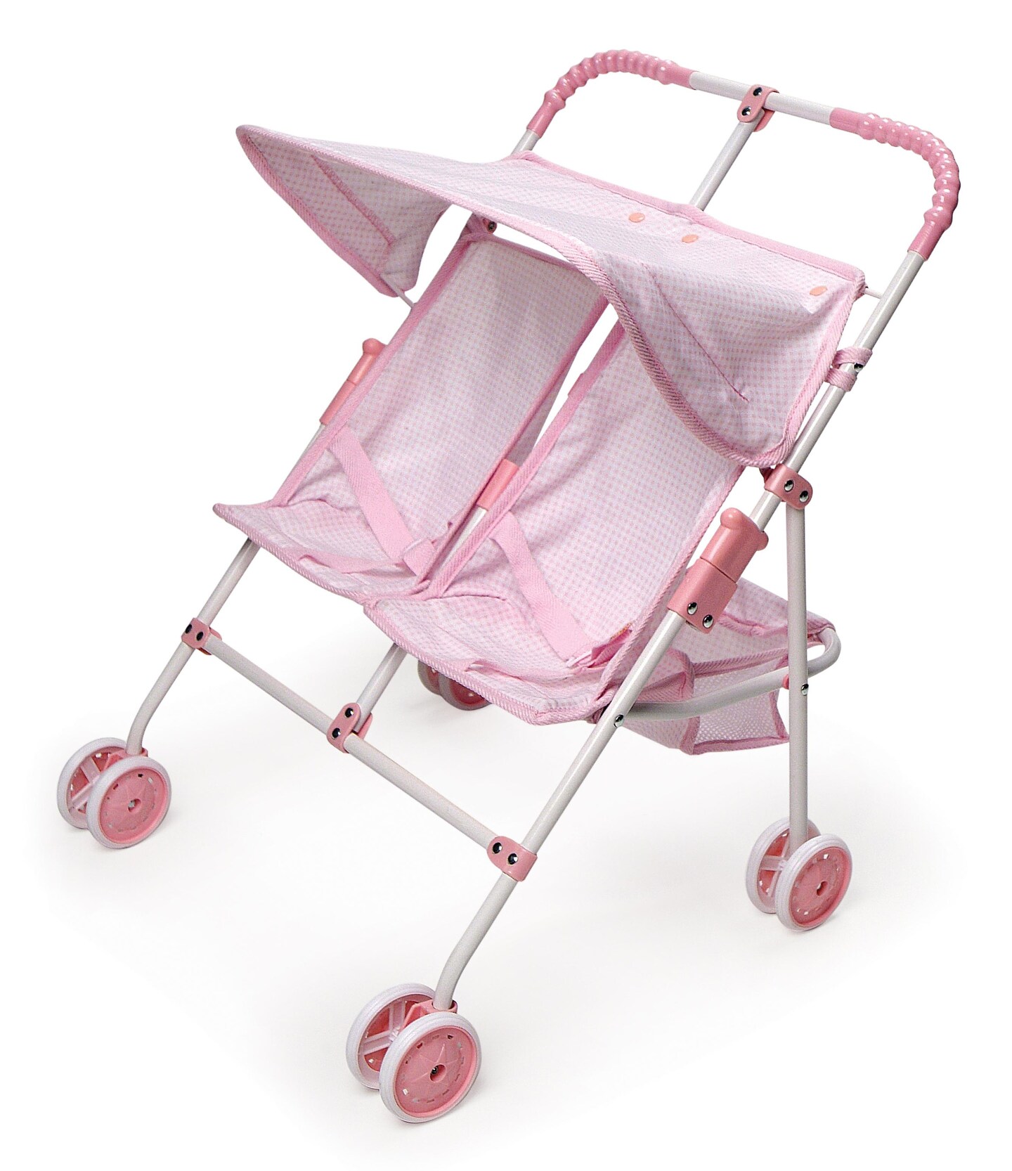 Badger Basket Folding Double Doll Umbrella Stroller - Pink/Gingham