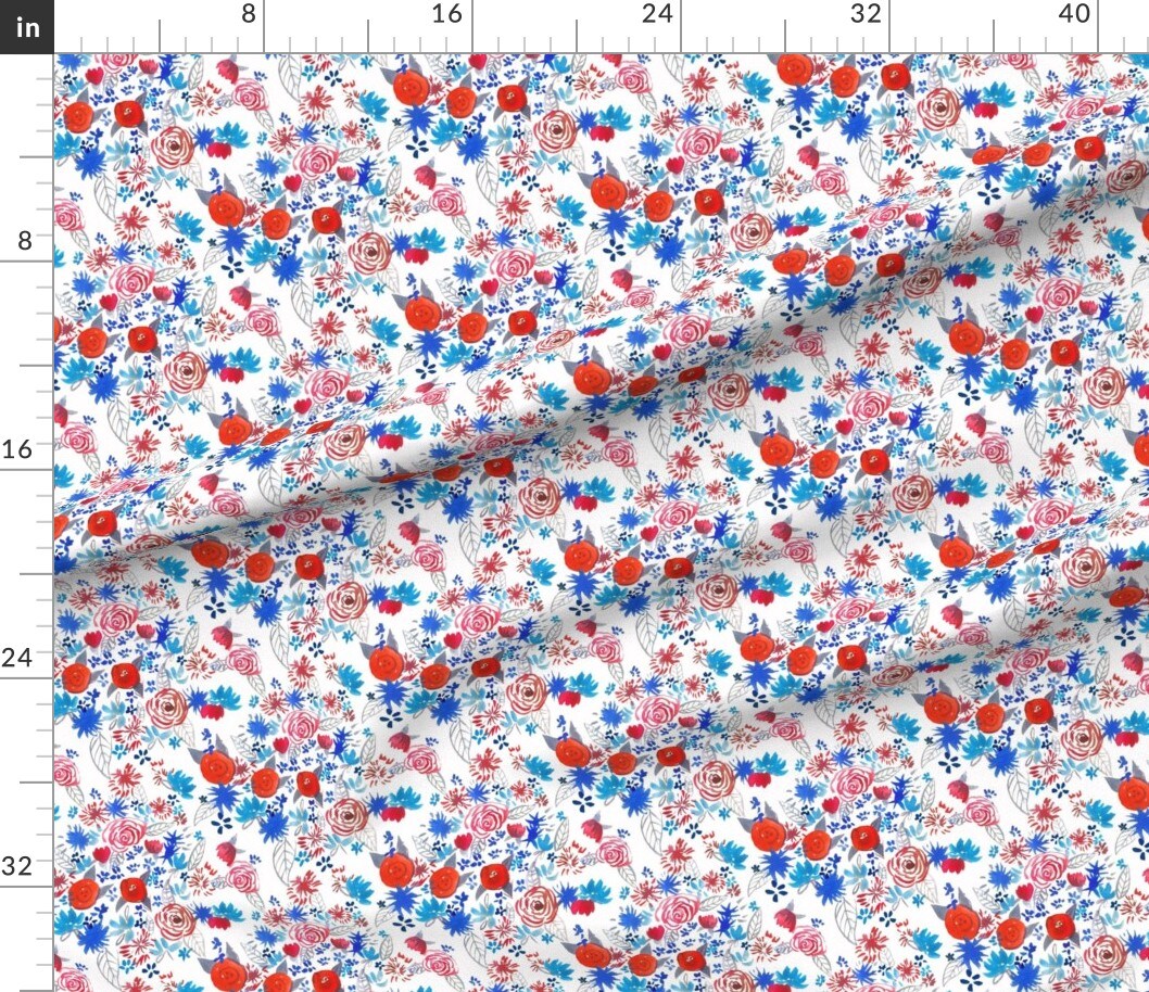 Various Fabrics by the Yard or Fat Quarter Patriotic Red White Blue Watercolor Floral July 4Th Flowers Independence Day Summer American Print Custom Printed Fabric by Spoonflower