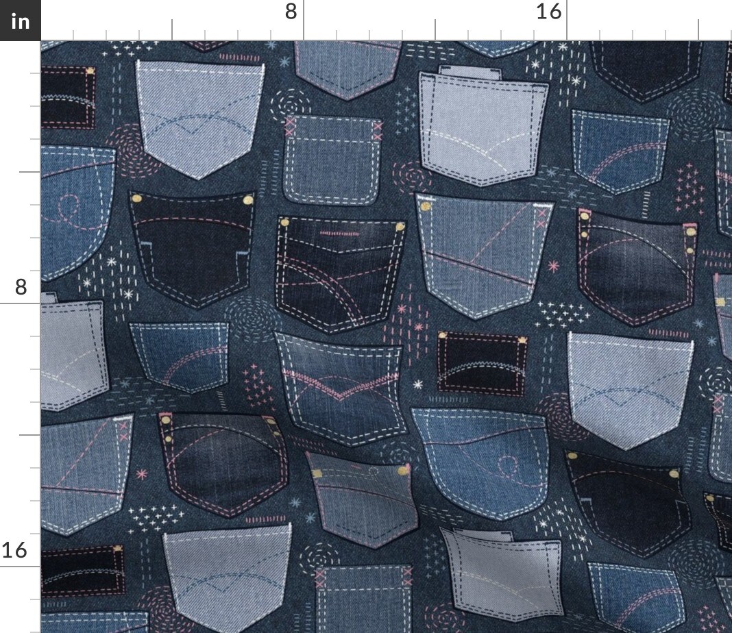 Denim Pockets Sashiko Fashion Sewing Trousers Custom Printed Fabric by Spoonflower Various Fabrics by the Yard or Fat Quarter