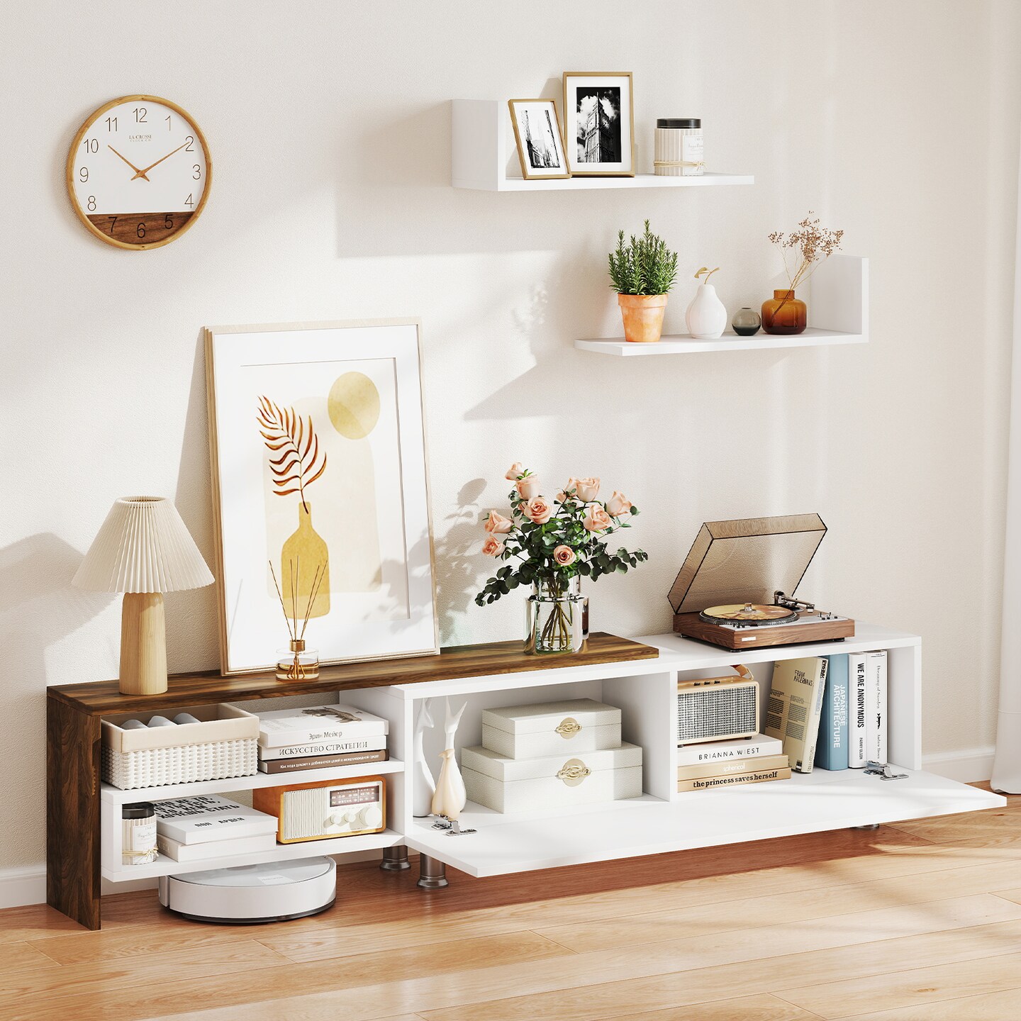 Modern Farmhouse TV Stand for 80” TV with Wall-Mounted Shelves and Flip-Down Cabinet Storage