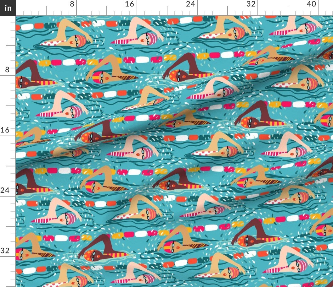 Various Fabrics by the Yard or Fat Quarter Swimming Ladies Blue Water Fun Outdoor Sports Swim Pool Custom Printed Fabric by Spoonflower