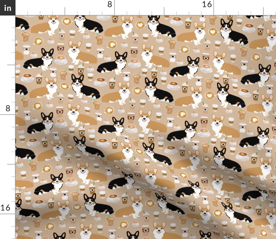Caffeinated, Corgis, Coffees, Dogs, Tri Colored, Pets, Puppy, Tan, Latte Custom Printed Fabric by Spoonflower Various Fabrics by the Yard or Fat Quarter