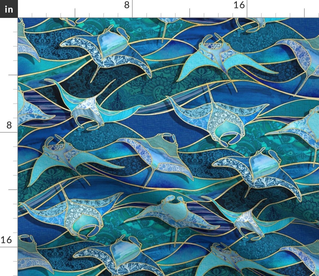 Sea Creatures Manta Ray Ocean Life Turquoise Blue Golden Yellow Teal Green Animals Gorgeous Fish Giant Mantas Cobalt Sapphire Custom Printed Fabric by Spoonflower Various Fabrics by the Yard or Fat Quarter