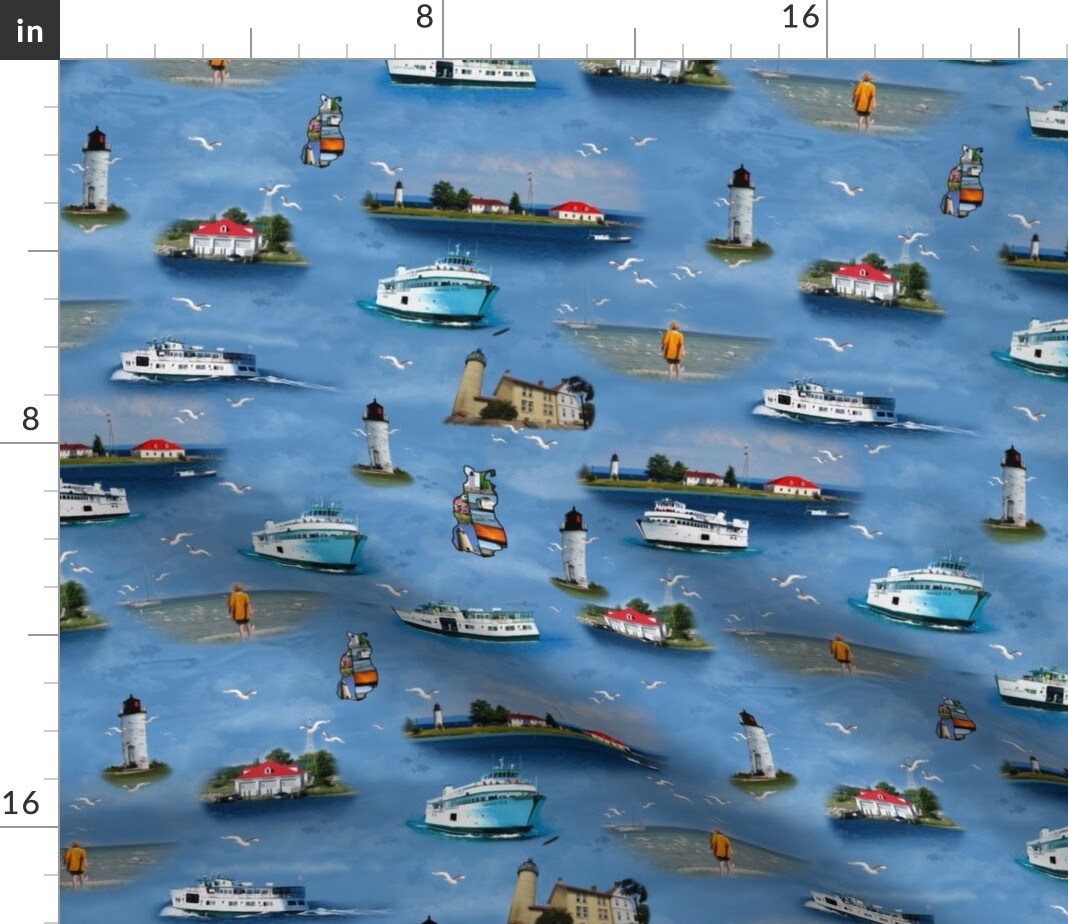 Island Paradise Lighthouse Ocean Lake Nautical Blue Red White Fish Sea Boat Custom Printed Fabric by Spoonflower Various Fabrics by the Yard or Fat Quarter