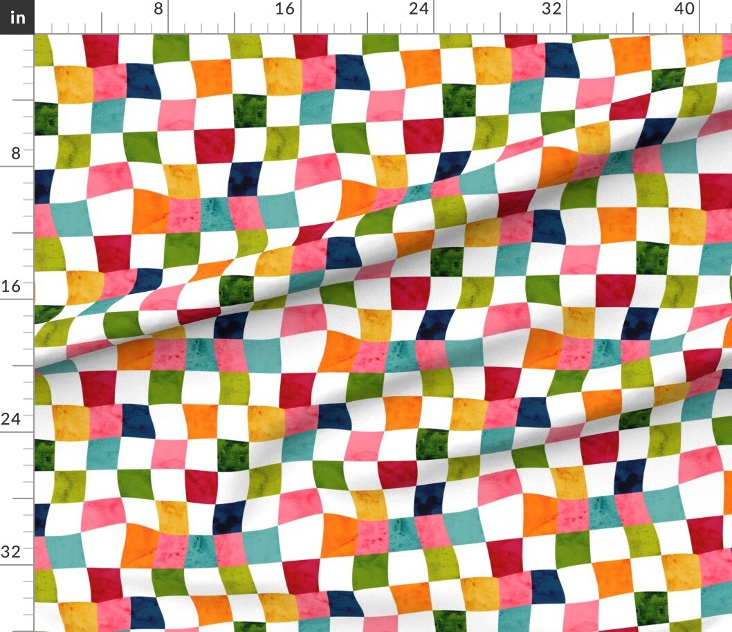 Vintage Wavy Check Rainbow Abstract Mod Shapes Colorful Watercolor Geometric Retro Custom Printed Fabric by Spoonflower Various Fabrics by the Yard or Fat Quarter