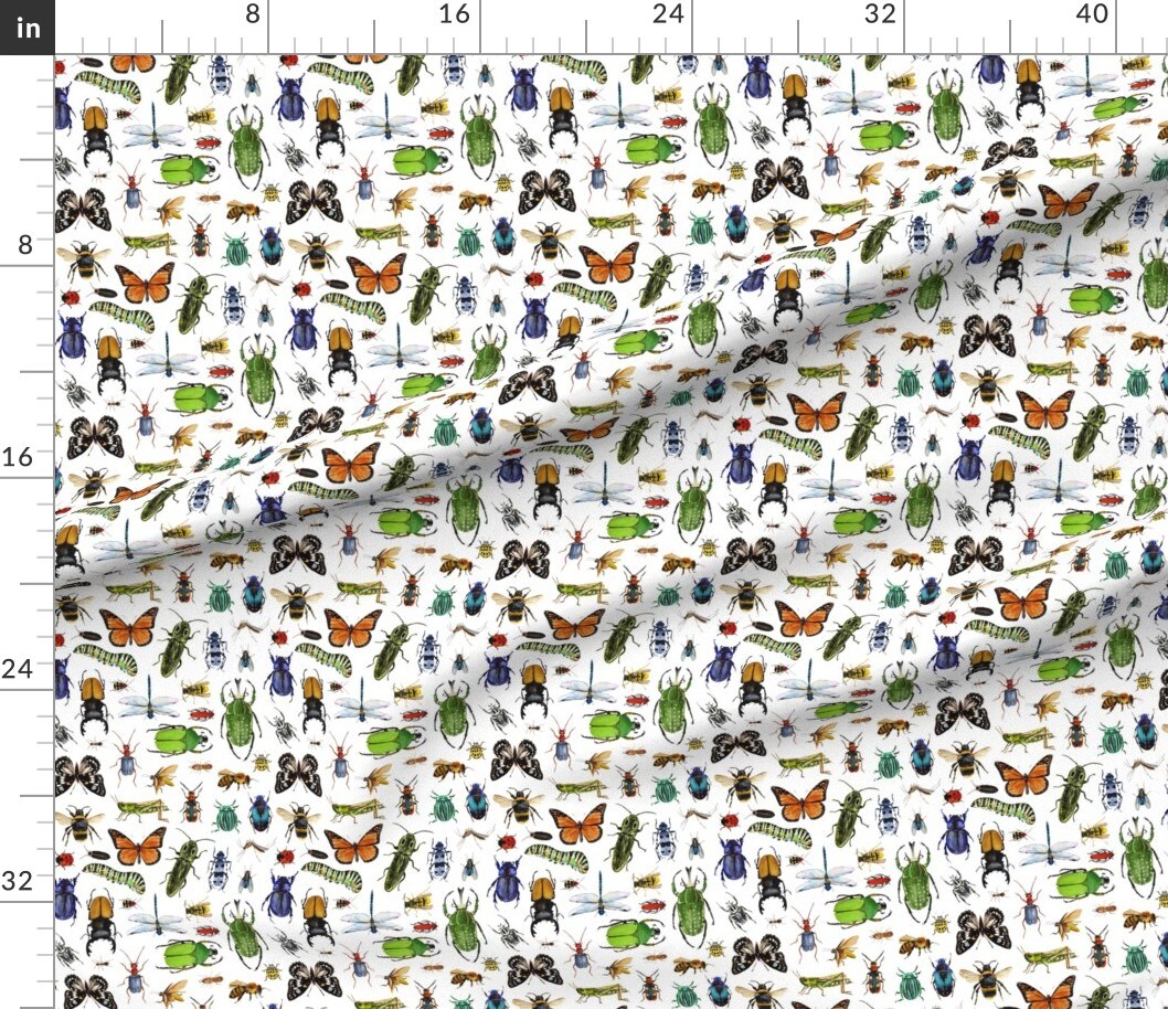 Summer Bugs Insects Green Orange Blue Yellow Butterfly Ladybug Beetle Dragonfly Custom Printed Fabric by Spoonflower Various Fabrics by the Yard or Fat Quarter
