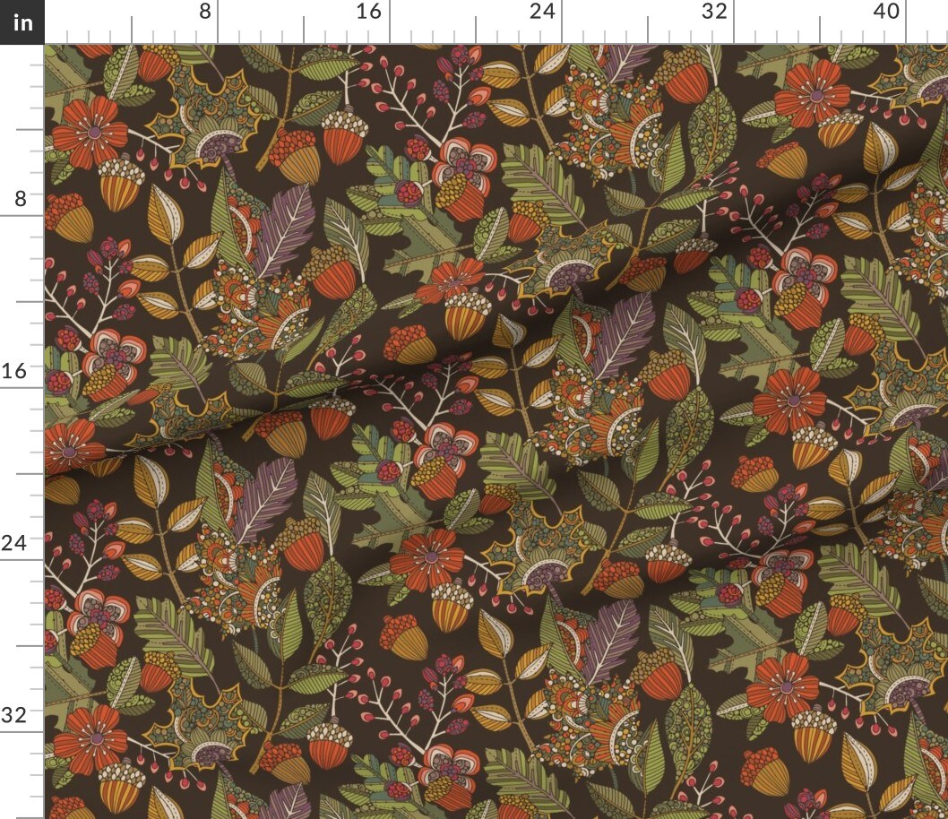 Various Fabrics by the Yard or Fat Quarter Autumn Earth Tones Autumn Fall Acorn Leafs Leaves Colors Botanicals Pen And Ink Art Vibes Brown Green Rust Orange Custom Printed Fabric by Spoonflower