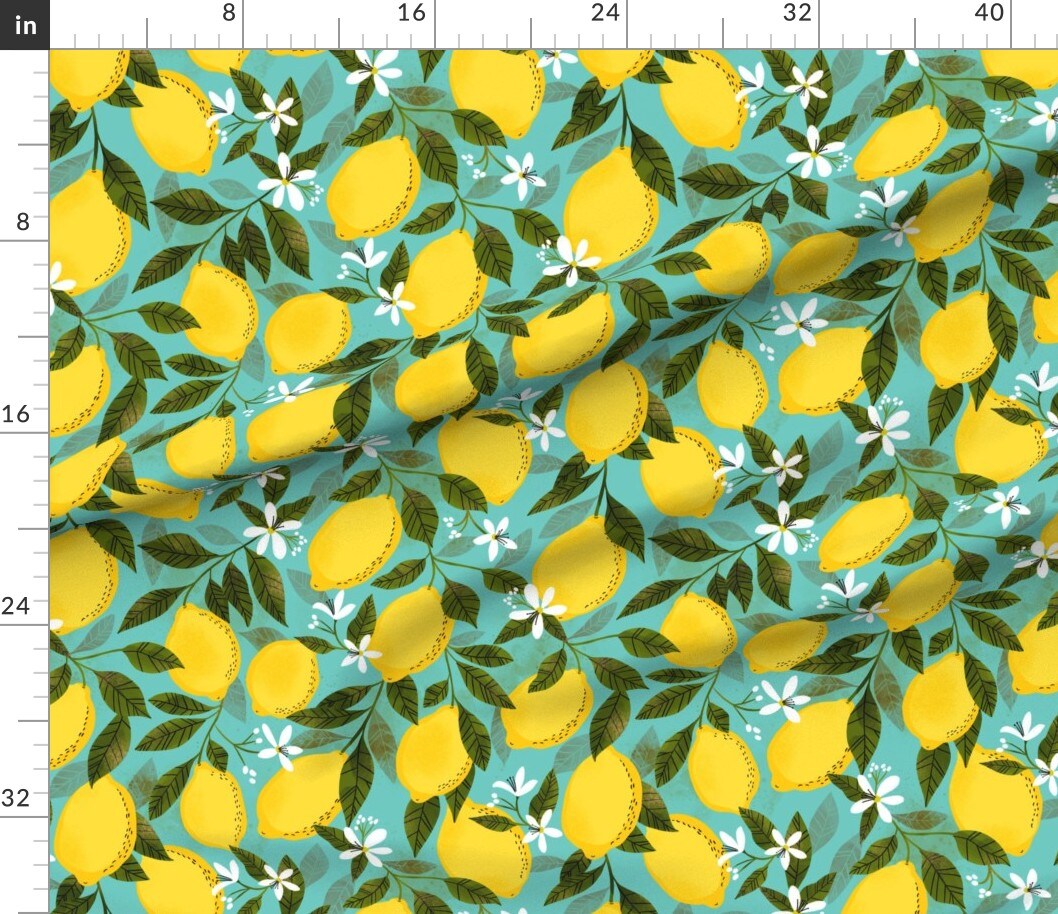 Lemonade Flowers Turquoise Summer Lemons Drink Custom Printed Fabric by Spoonflower Various Fabrics by the Yard or Fat Quarter