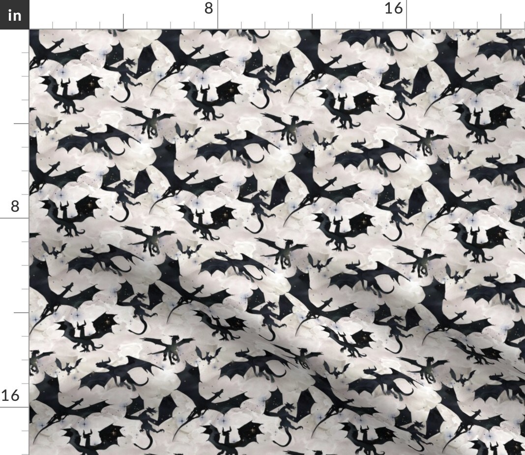 Small Dragons Black White Dragon Fantasy Custom Printed Fabric by Spoonflower Various Fabrics by the Yard or Fat Quarter