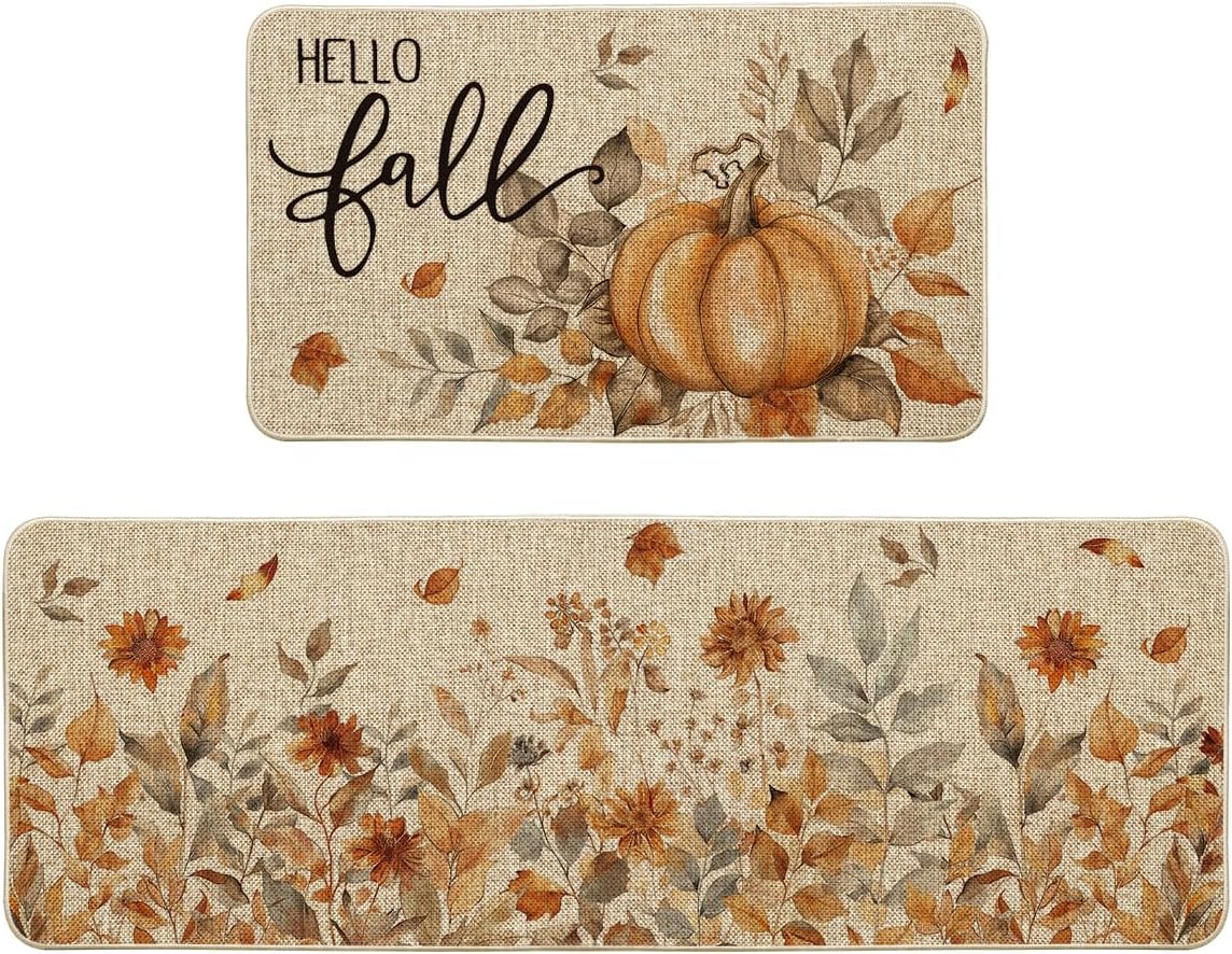 Pumpkin Sunflowers Hello Fall Kitchen Mats Set of 2, Autumn Home Decor Low-Profile Kitchen Rugs for Floor - 17x29 and 17x47 Inch
