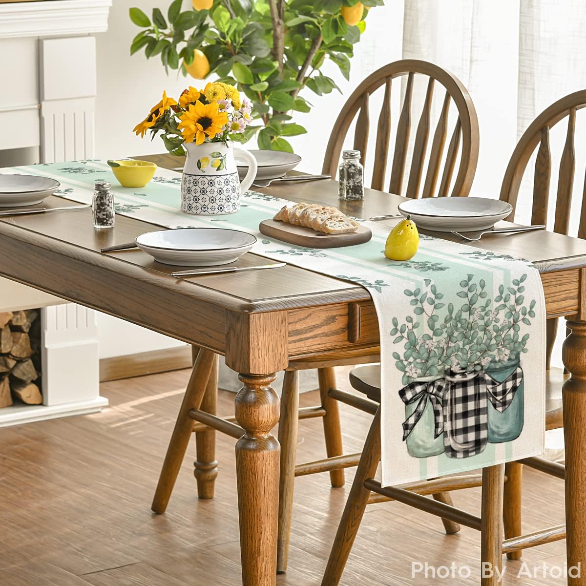 Buffalo Plaid Eucalyptus Vases Summer Table Runner, Spring Kitchen Dining Table Decoration for Home Party Decor 13x72 Inch