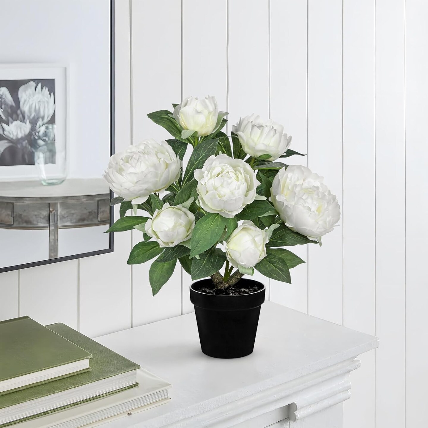 White Fake Peonies Artificial Flowers in Pot 16.9&#x22; Small Peonies Tree Indoor Outdoor Faux Plants &#x26; Flowers Peony Silk Flowers Potted Plant Artificial Peony Floral Arrangement Desk Home Decor