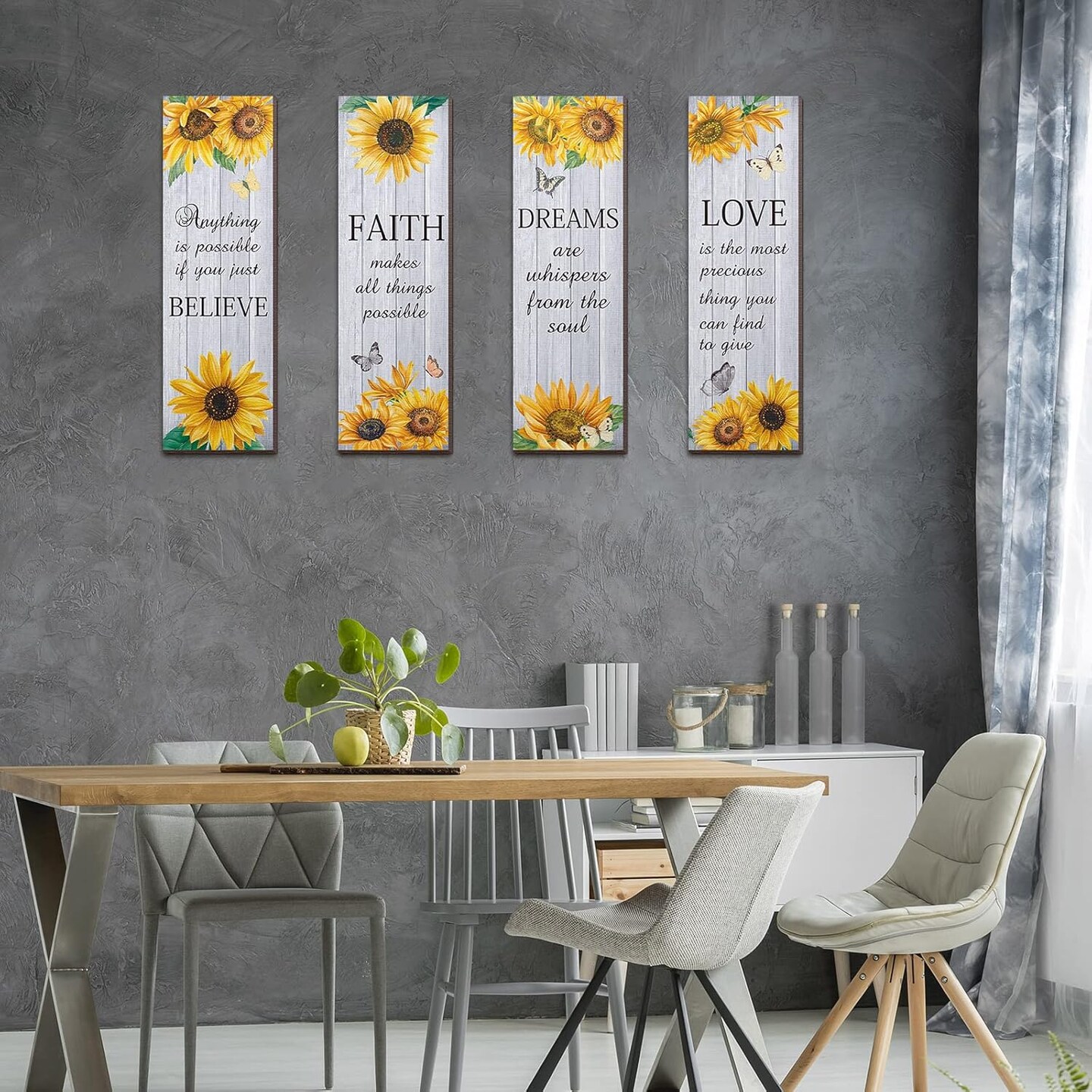 4 Pcs Summer Sunflower Wall Decor Inspirational Sunflower Kitchen Decor and Accessories Wooden Rustic Farmhouse Yellow Flowers Wall Art Decoration for Home Bathroom Office Living Room(White)
