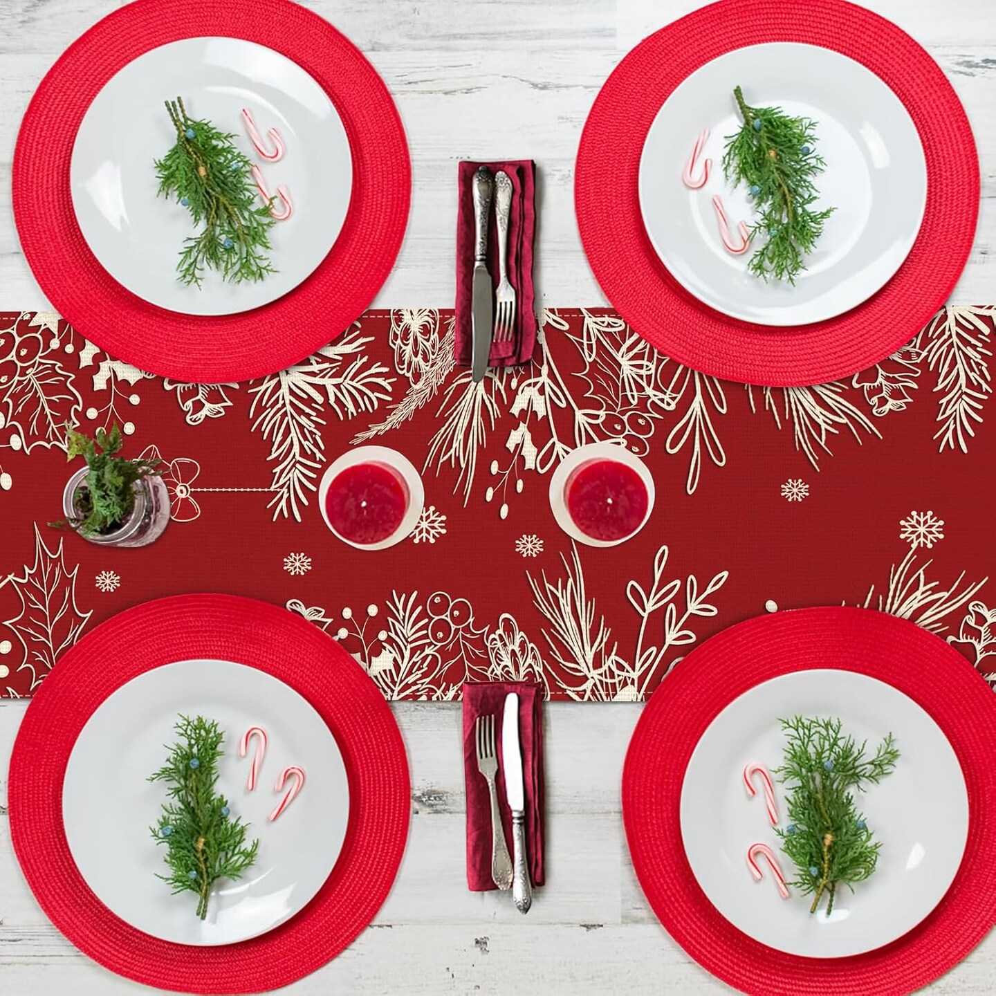 Christmas Table Runner Red Table Runner, Linen Holiday Table Runners 72 in Long, Holly Leaf Pine Cone Berry Christmas Runner for Table Dining Kitchen Party Rustic Christmas Decorations Indoor Home