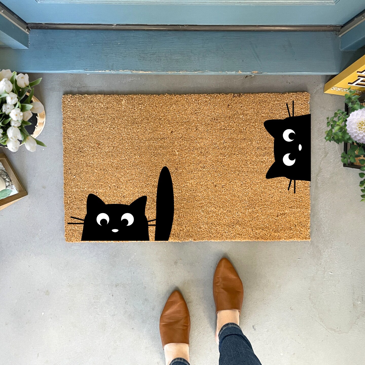 ED Black Cat Door At Non-Slip Natural Coir Indoor & Outdoor Welcoe - View #4