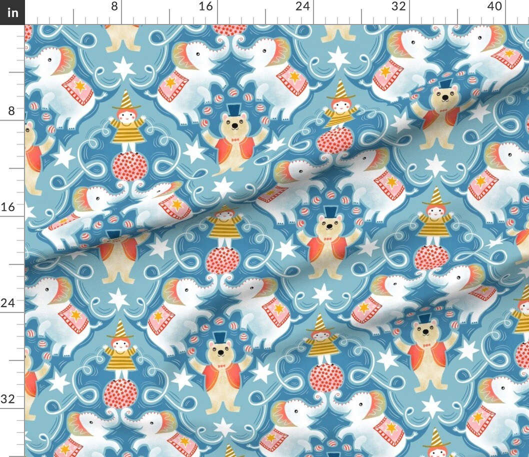 Whimsical Circus Animals Bear Elephant Nursery Kids Baby Playful Colorful Damask Juggling Stars Blue Dots Stripes Large Scale Custom Printed Fabric by Spoonflower Various Fabrics by the Yard or Fat Quarter