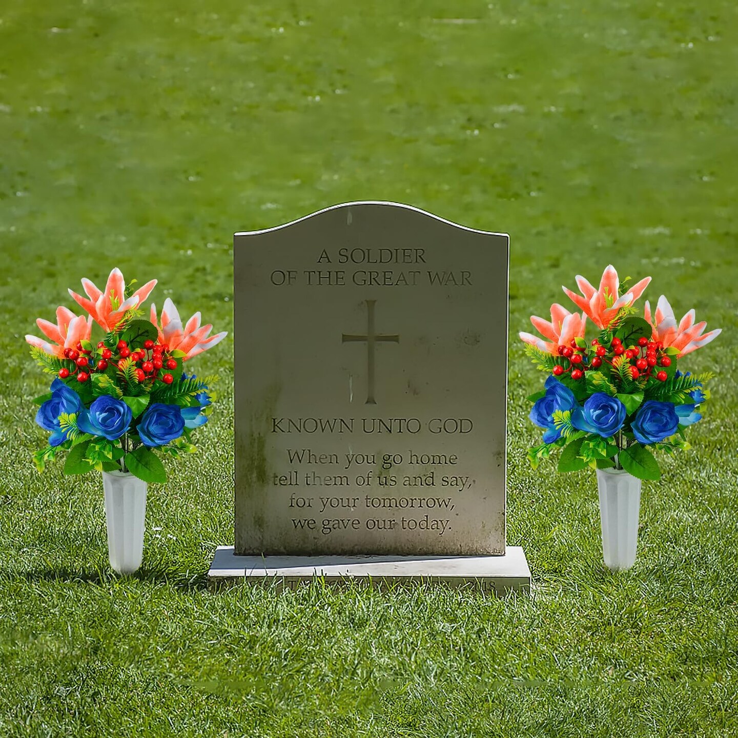 Artificial Cemetery Flowers for Grave, Set of 2 Artificial Flowers Bouquet Memorial Flowers with Vase for Outdoor Cemetery Headstones Graveyard Gravestone Decoration