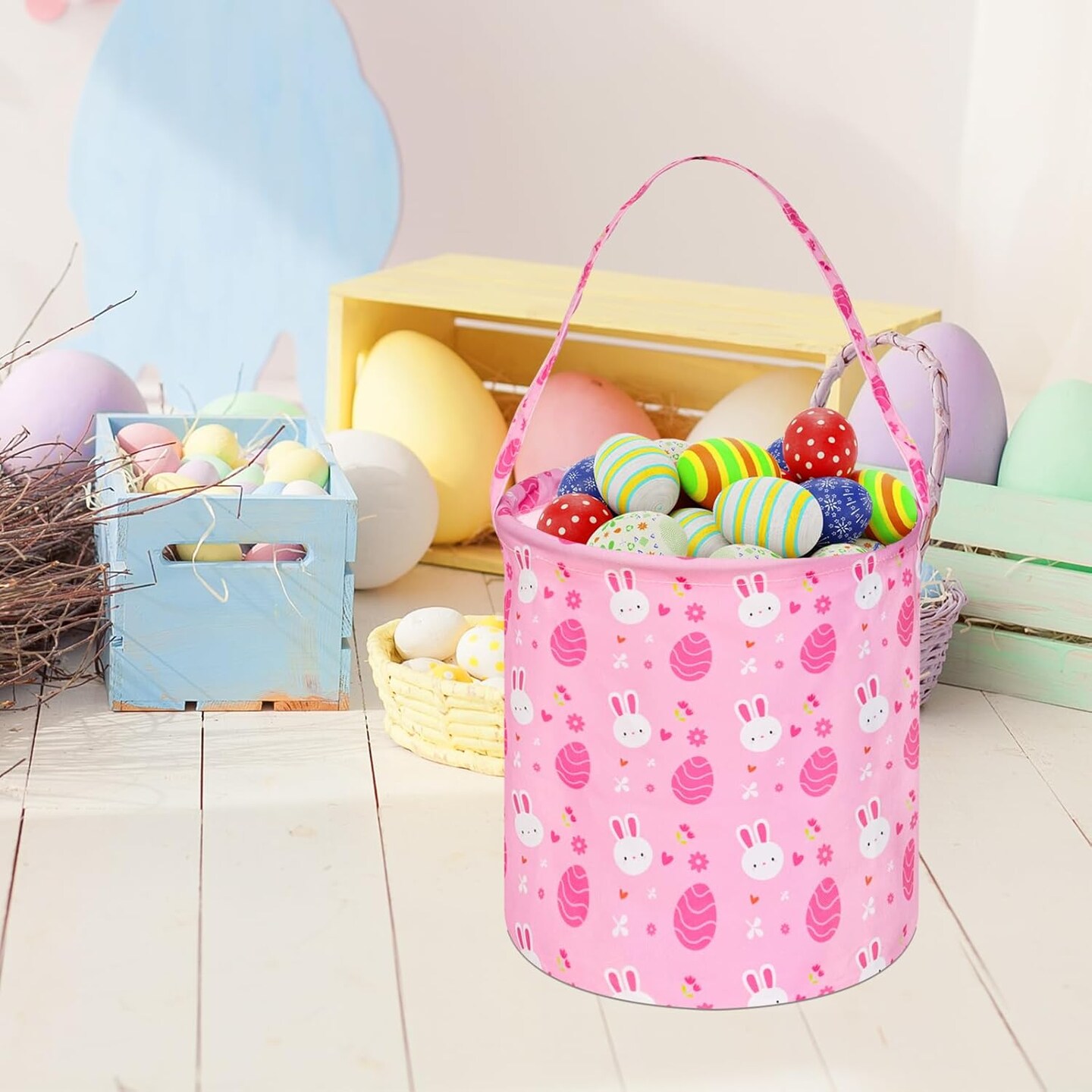 Easter Eggs Storage Basket Gift Buuny Basket Collapsible Storage Bins with Handles Nursery Basket for Home and Office Decoration (Pink Rabbit)