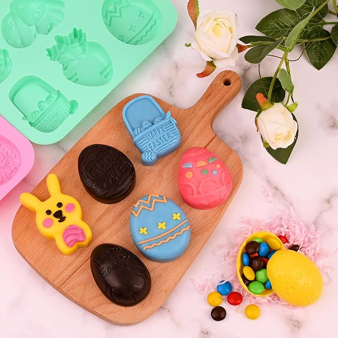 4 Pack Easter Chocolate Molds, Bunny Half Egg Shaped Non-stick Silicone Molds for DIY Chocolate Candy Muffin Handmade Soap Cake Decoration