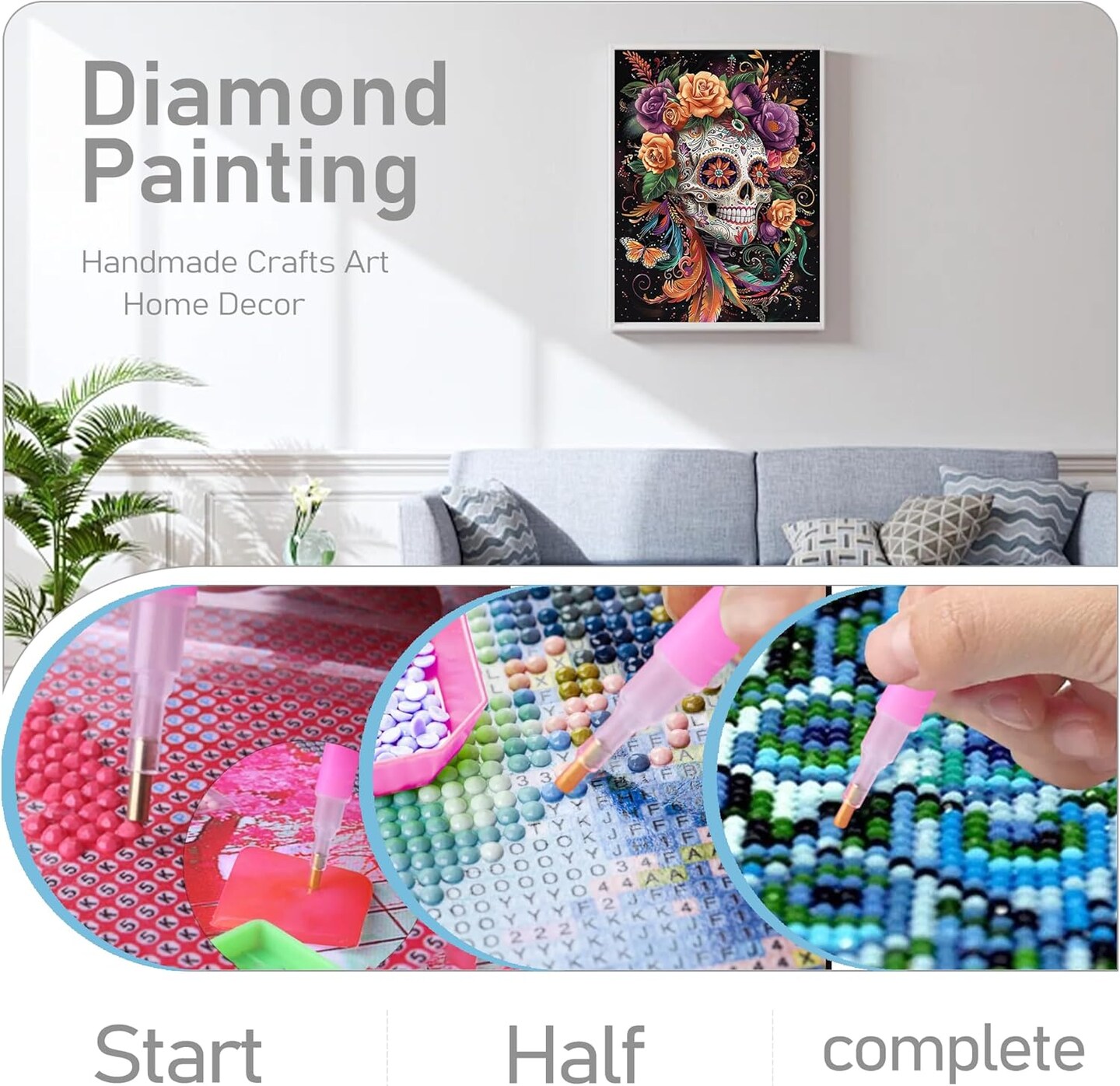 Skull Diamond Art Kits for Adults,DIY Diamond Painting Round Full Drill 12x16in,5D Diamond Dots Art for Beginning Home Wall Decor