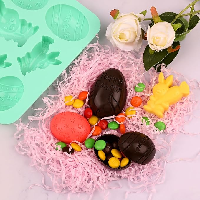 4 Pack Easter Chocolate Molds, Bunny Half Egg Shaped Non-stick Silicone Molds for DIY Chocolate Candy Muffin Handmade Soap Cake Decoration