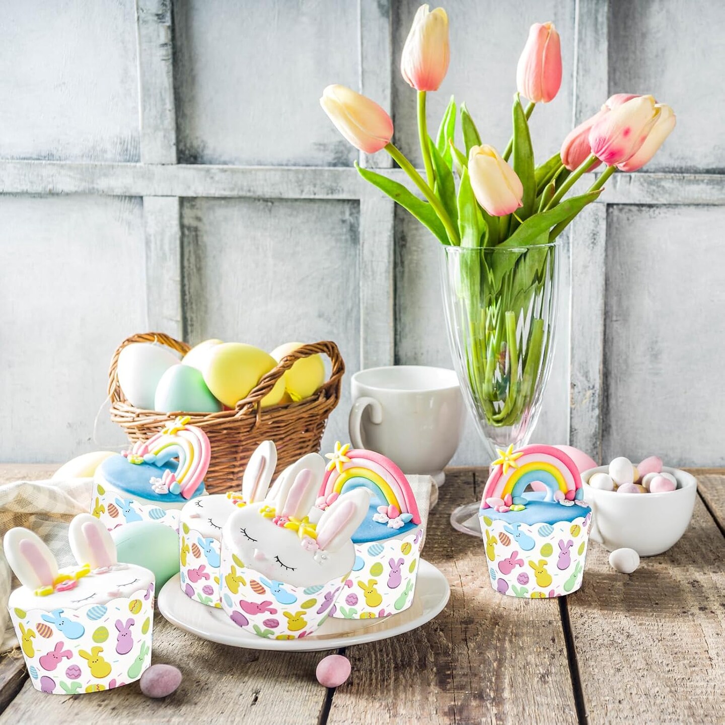 100Pcs Easter Paper Baking Cups Easter Egg Bunny Cupcake Wrappers Scalloped Edge Cupcake Muffin Cases for Easter Spring Birthday Party