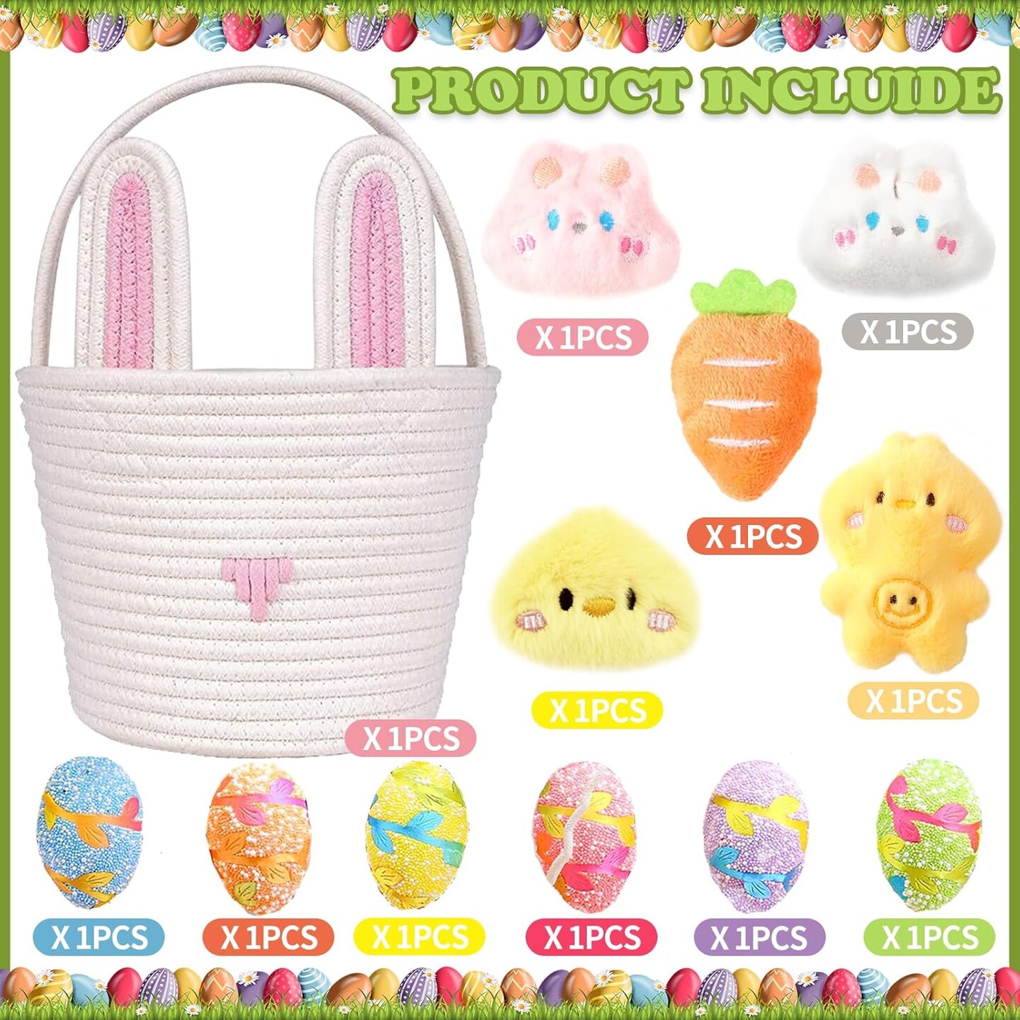 Easter Basket for Kids Easter Bunny Woven Basket with Rabbit Ears, Bunny Egg Hunting Bag with Cute Rabbit Chicken Carrot Plush Decorations for Girls Boys Spring Presents