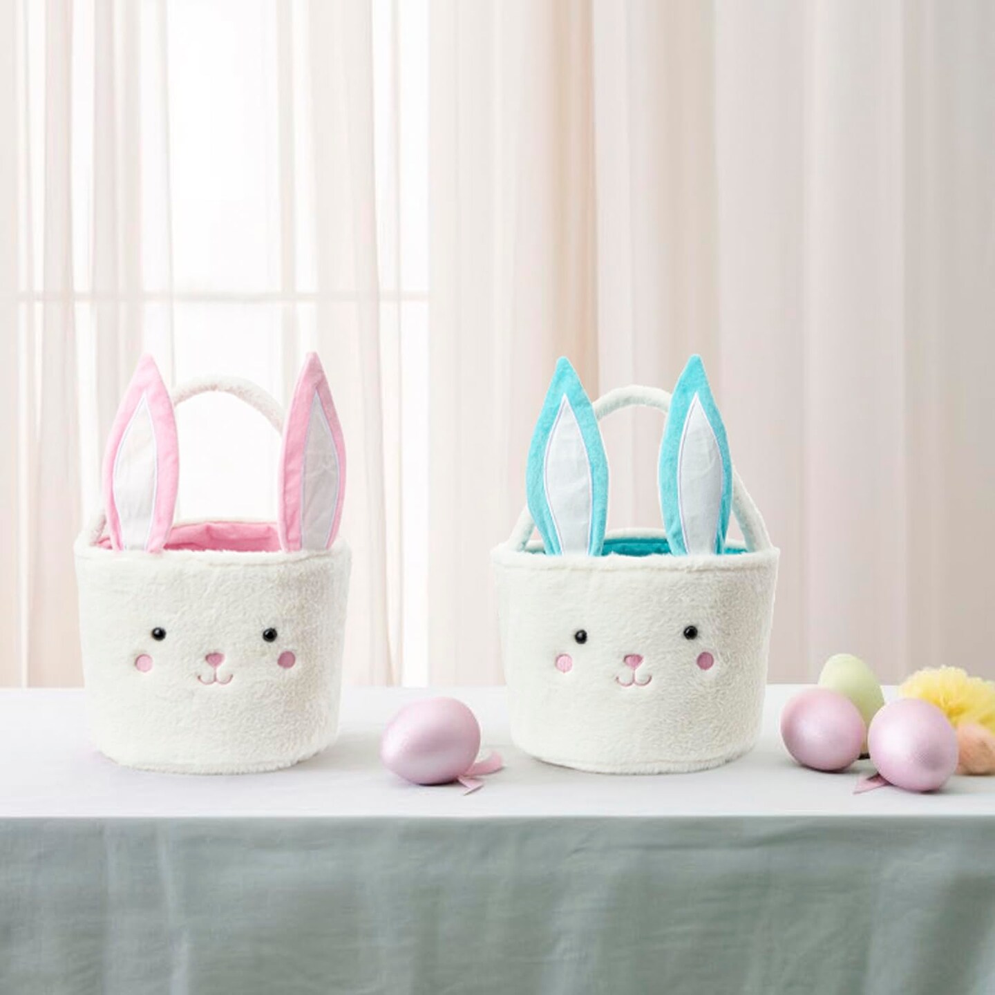 Plush Bunny Basket for Easter Fluffy Easter Bunny Bucket for Egg Hunts Easter Basket Easter Egg Basket Easter Egg Holder (Blue White)