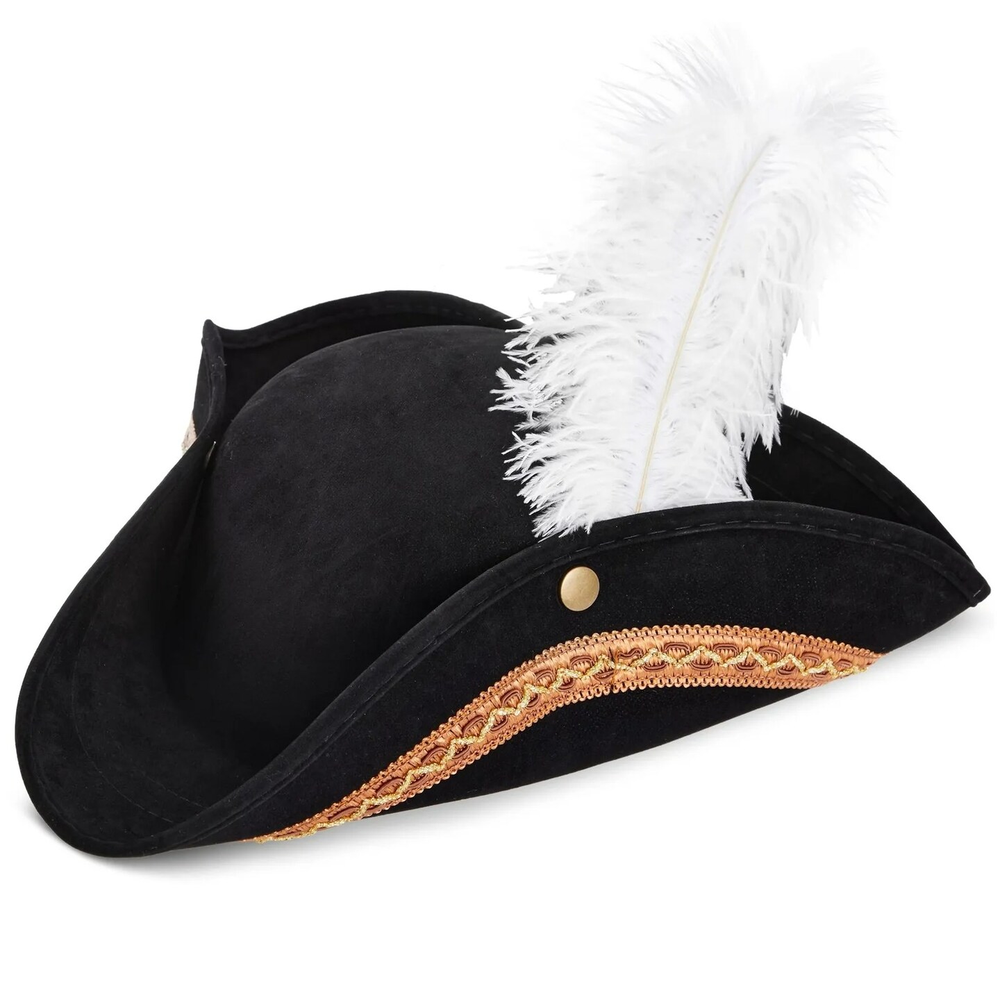 Tricorn Pirate Hat with Feather for Halloween Outfit, Adult Size Black