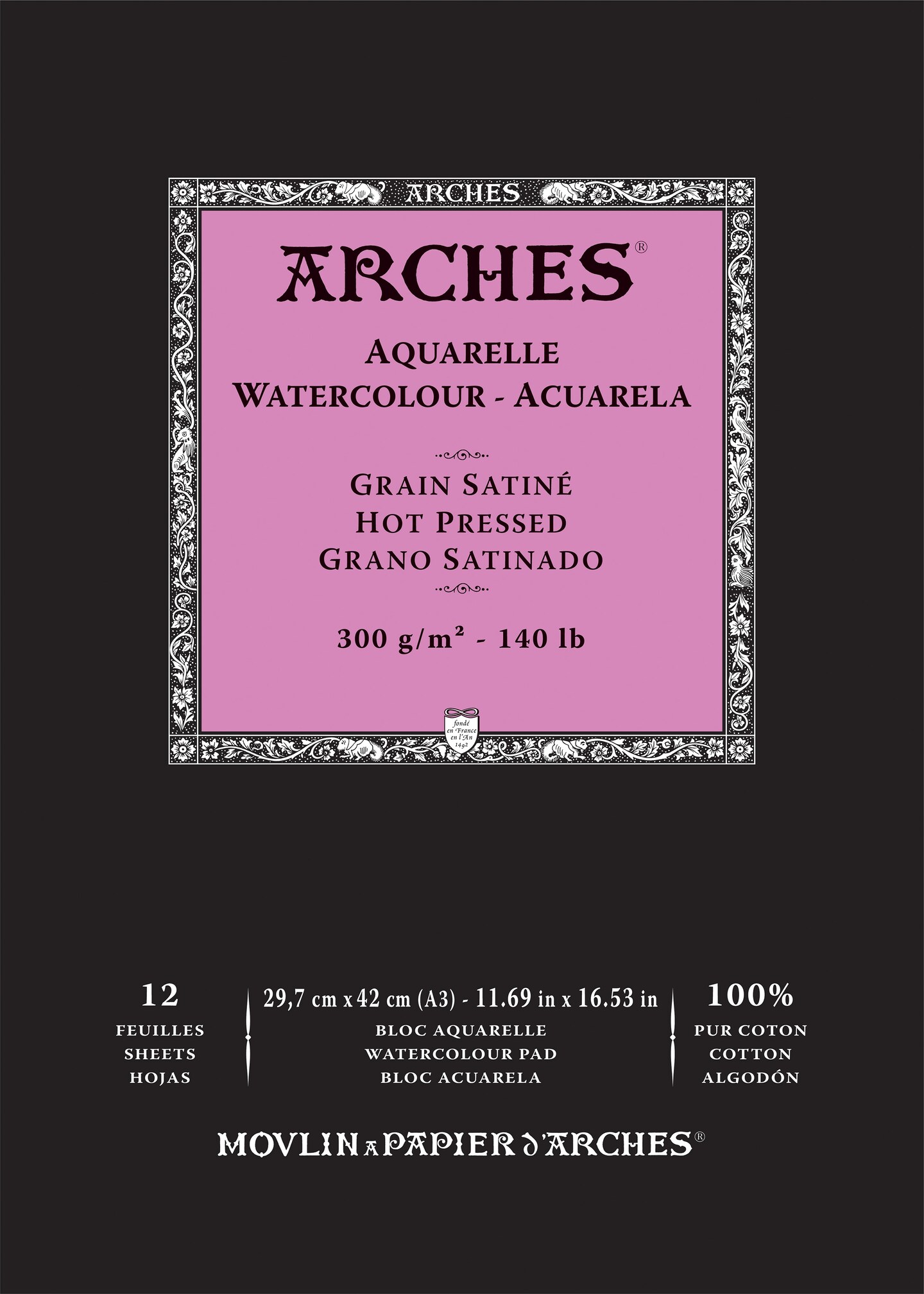 Arches Aquarelle Hot Pressed Watercolor Pad 11.69"X16.53"- 140lb, 12 Sheets