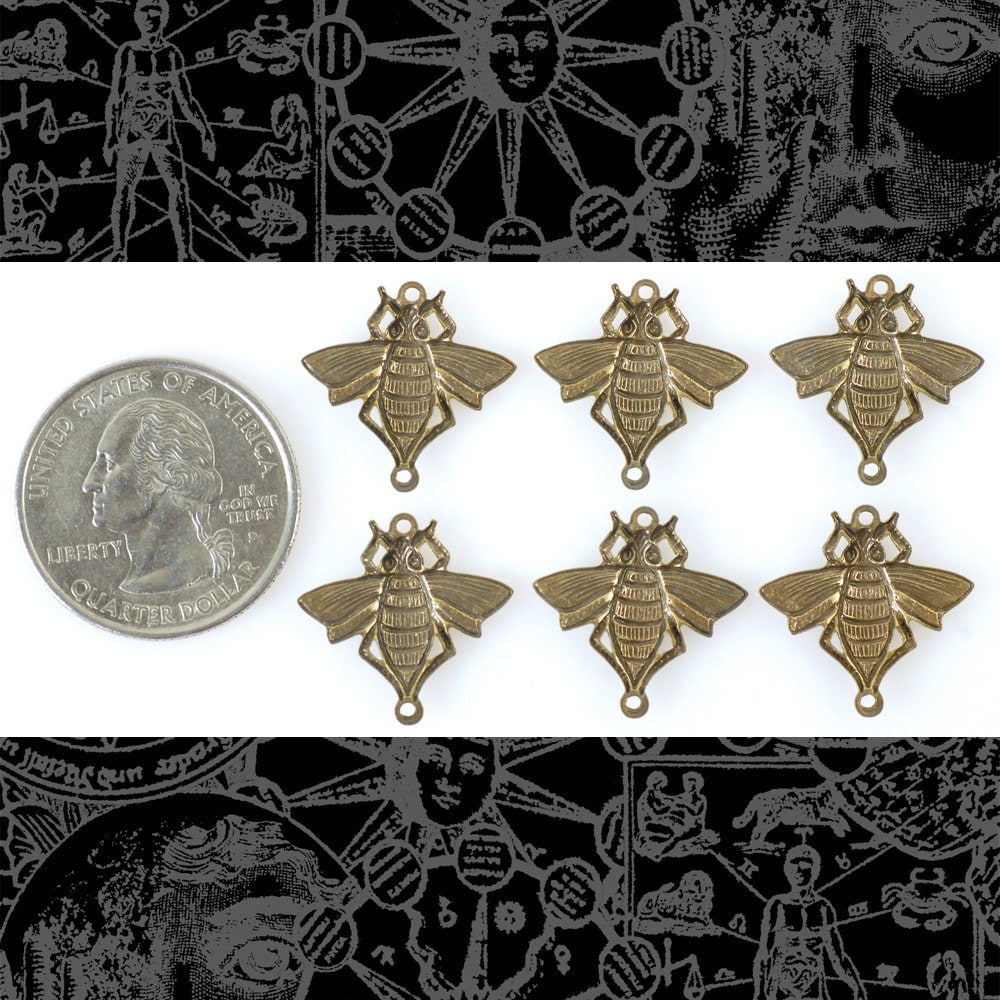 Antiqued Brass Bumble Bee Two Ring Connectors - Set of Six - AB-2C09