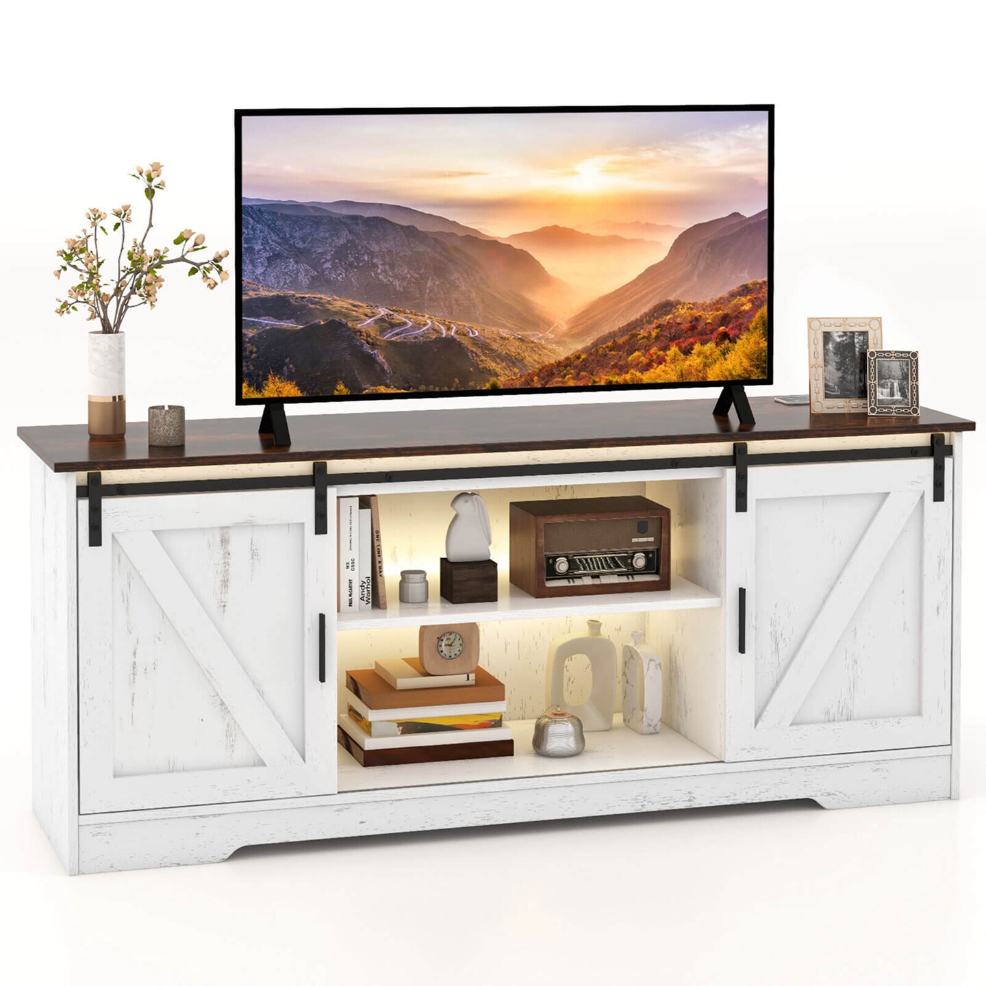 Costway TV Stand for 65&#x201D; TVs with LED Lights Adjustable Brightness Human Induction Brushed White/Grey